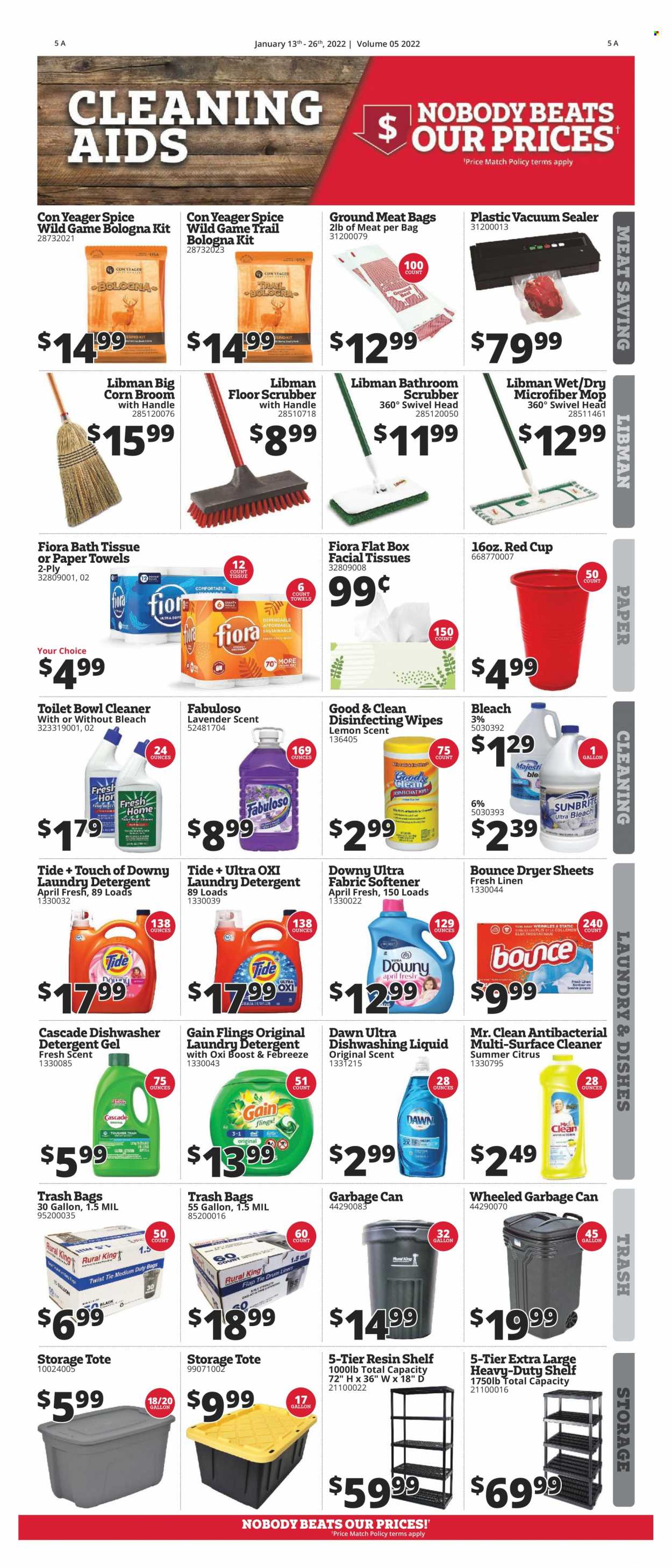 thumbnail - Rural King Flyer - 01/13/2022 - 01/26/2022 - Sales products - corn, spice, Boost, Cascade, Gain, Tide, fabric softener, bleach, laundry detergent, Bounce, washing gel, Fabuloso, dryer sheets, Downy Laundry, trash bags, vacuum sealer, gallon, mop, broom, cup, kitchen towels, linens, storage tote, cleaner. Page 6.