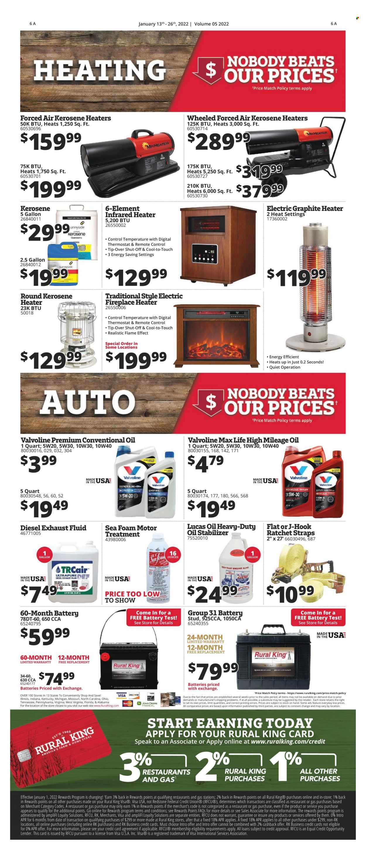 thumbnail - Rural King Flyer - 01/13/2022 - 01/26/2022 - Sales products - hook, remote control, heater, fireplace, electric fireplace, kerosene, Lucas, Valvoline, conventional oil, exhaust fluid. Page 7.