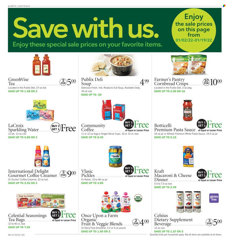 thumbnail - Publix Flyer - 01/13/2022 - 01/19/2022 - Sales products - corn bread, macaroni & cheese, pasta sauce, soup, Kraft®, creamer, pickles, smoothie, sparkling water, tea bags, dietary supplement. Page 17.
