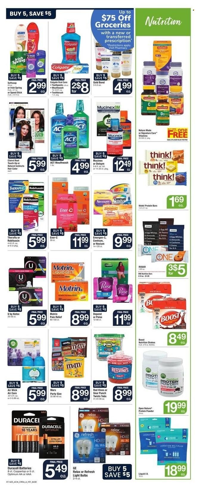 thumbnail - ACME Flyer - 01/14/2022 - 01/20/2022 - Sales products - shake, Twix, Mars, protein bar, Boost, Softsoap, Colgate, toothbrush, toothpaste, mouthwash, Kotex, Root Touch-Up, Clairol, hair color, Speed Stick, Air Wick, battery, bulb, Duracell, light bulb, Optimum, Delsym, magnesium, Melatonin, Mucinex, Nature Made, Robitussin, Theraflu, vitamin c, Nexium, Emergen-C, whey protein, Centrum, Motrin. Page 5.