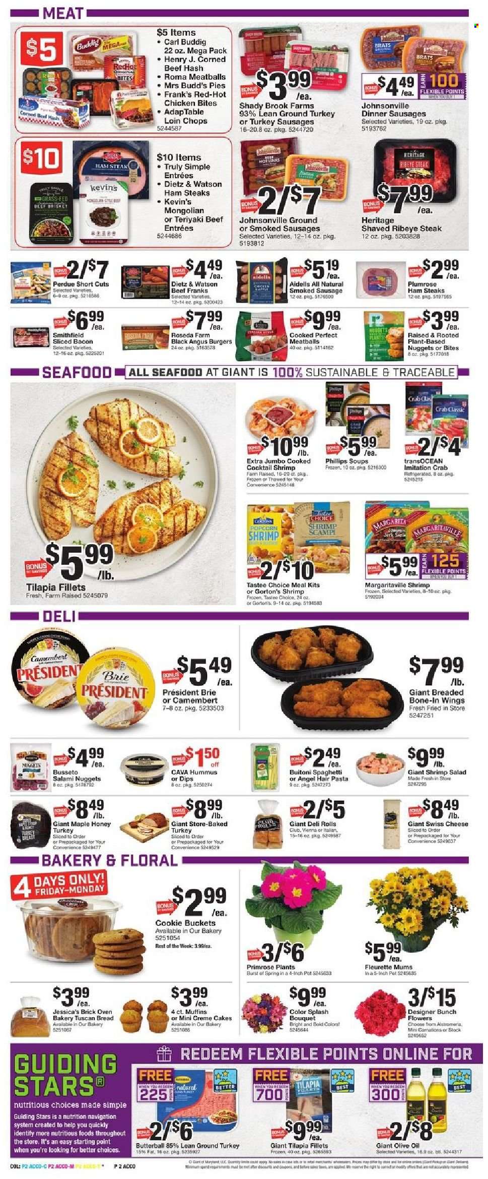 thumbnail - Giant Food Flyer - 01/14/2022 - 01/20/2022 - Sales products - cake, muffin, salad, tilapia, seafood, crab, shrimps, Gorton's, beef hash, spaghetti, meatballs, nuggets, hamburger, pasta, Perdue®, Buitoni, bacon, Butterball, salami, ham, Johnsonville, Dietz & Watson, sausage, smoked sausage, hummus, corned beef, ham steaks, camembert, swiss cheese, cheese, brie, Président, chicken bites, olive oil, oil, honey, L'Or, TRULY, ground turkey, beef meat, beef steak, steak, ribeye steak, beef brisket, pot, bouquet, primroses. Page 2.