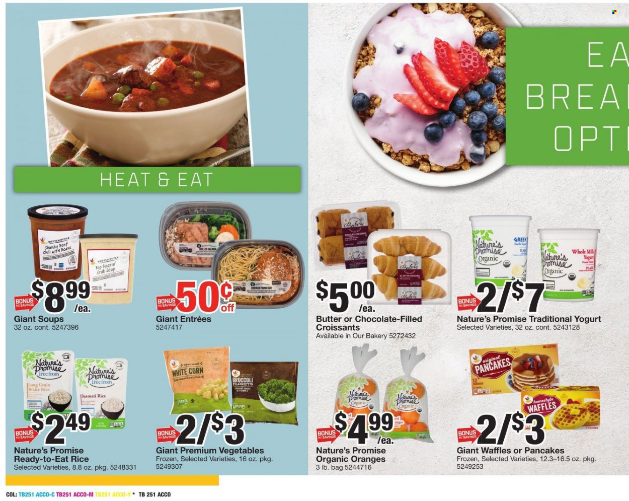 thumbnail - Giant Food Flyer - 01/14/2022 - 01/20/2022 - Sales products - croissant, Nature’s Promise, waffles, broccoli, corn, oranges, salmon, crab, soup, yoghurt, milk, butter, chocolate, basmati rice, rice, white rice. Page 9.