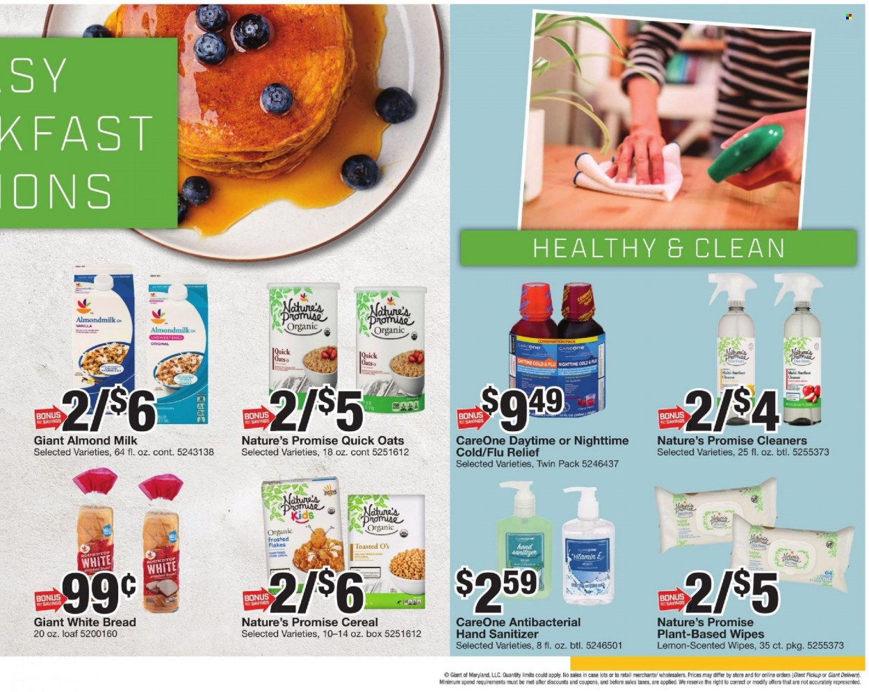 thumbnail - Giant Food Flyer - 01/14/2022 - 01/20/2022 - Sales products - bread, white bread, Nature’s Promise, almond milk, oats, cereals, Quick Oats, Frosted Flakes, wipes, surface cleaner, cleaner, hand sanitizer. Page 10.