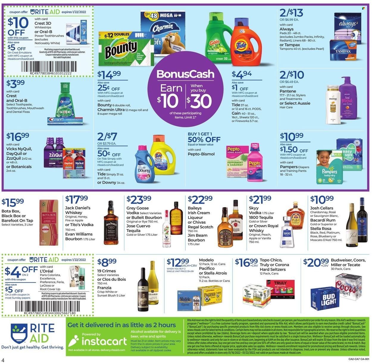 thumbnail - RITE AID Flyer - 01/16/2022 - 01/22/2022 - Sales products - Jack Daniel's, Bounty, honey, white wine, Chardonnay, wine, alcohol, Moscato, Sauvignon Blanc, rosé wine, Bacardi, bourbon, liqueur, rum, tequila, vodka, whiskey, irish cream, Baileys, SKYY, Chivas Regal, Jim Beam, TRULY, whisky, beer, Bud Light, Corona Extra, Miller, Modelo, Pampers, pants, nappies, baby pants, Charmin, Gain, Tide, Oral-B, toothpaste, mouthwash, Crest, Tampax, Always pads, tampons, L’Oréal, Infinity, Aussie, Pantene, Brite, Vicks, DayQuil, ZzzQuil, Pepto-bismol, NyQuil, Budweiser, Coors. Page 4.