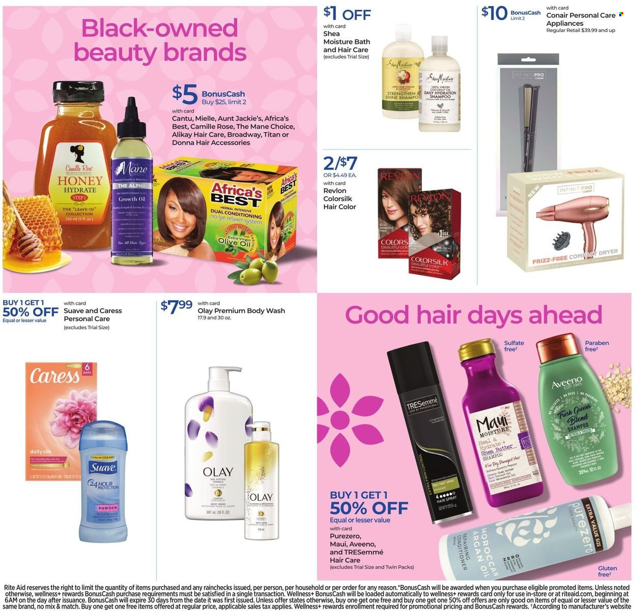 thumbnail - RITE AID Flyer - 01/16/2022 - 01/22/2022 - Sales products - Silk, oil, rosé wine, Aveeno, body wash, shampoo, Suave, Olay, Revlon, TRESemmé, hair color, Mielle, relaxer, Aunt Jackie's, shea butter, rose. Page 6.