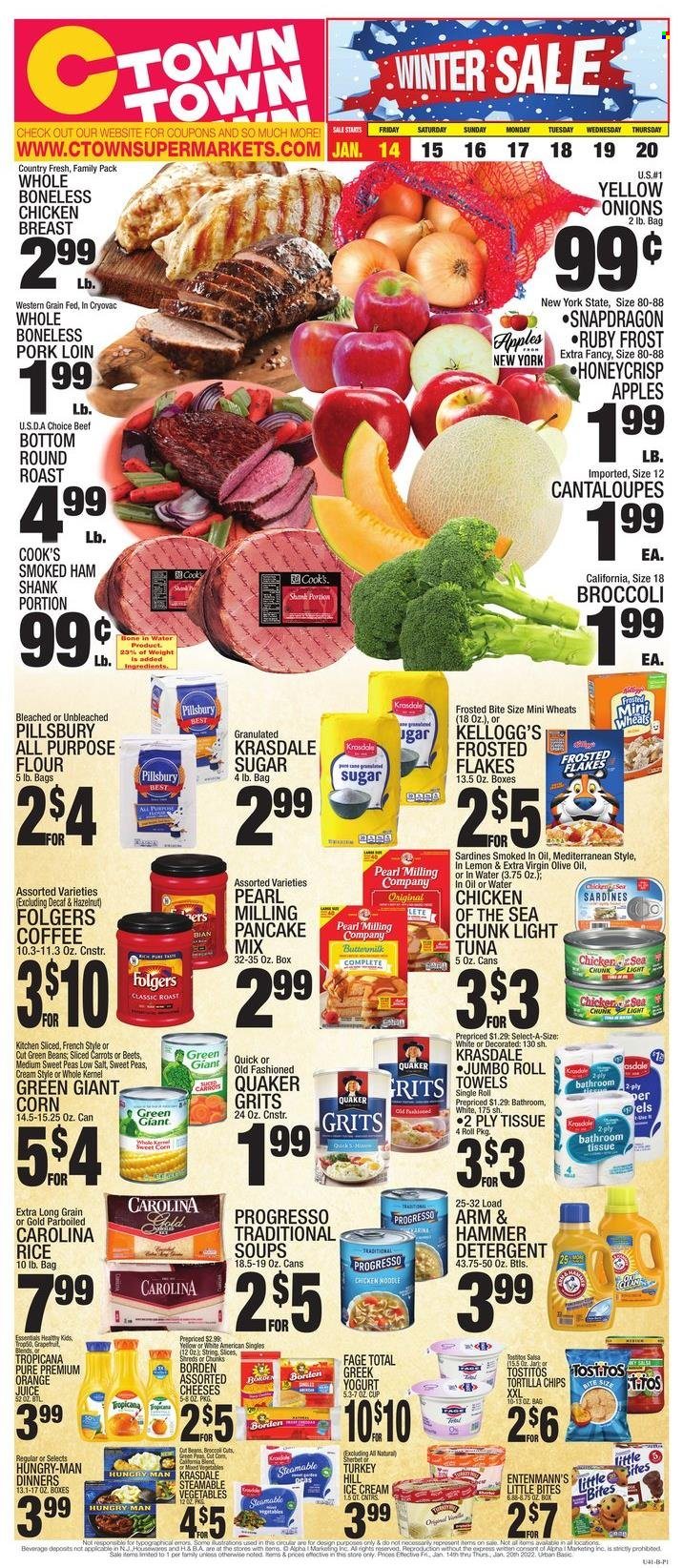 thumbnail - C-Town Flyer - 01/14/2022 - 01/20/2022 - Sales products - broccoli, cantaloupe, carrots, corn, green beans, onion, apples, sardines, tuna, pancakes, Pillsbury, Quaker, Progresso, ham, ham shank, smoked ham, Cook's, cheese, greek yoghurt, yoghurt, Kellogg's, Little Bites, tortilla chips, chips, Tostitos, all purpose flour, sugar, grits, light tuna, Chicken of the Sea, Frosted Flakes, rice, parboiled rice, extra virgin olive oil, olive oil, orange juice, juice, coffee, Folgers, chicken breasts, beef meat, round roast, pork loin, pork meat. Page 1.