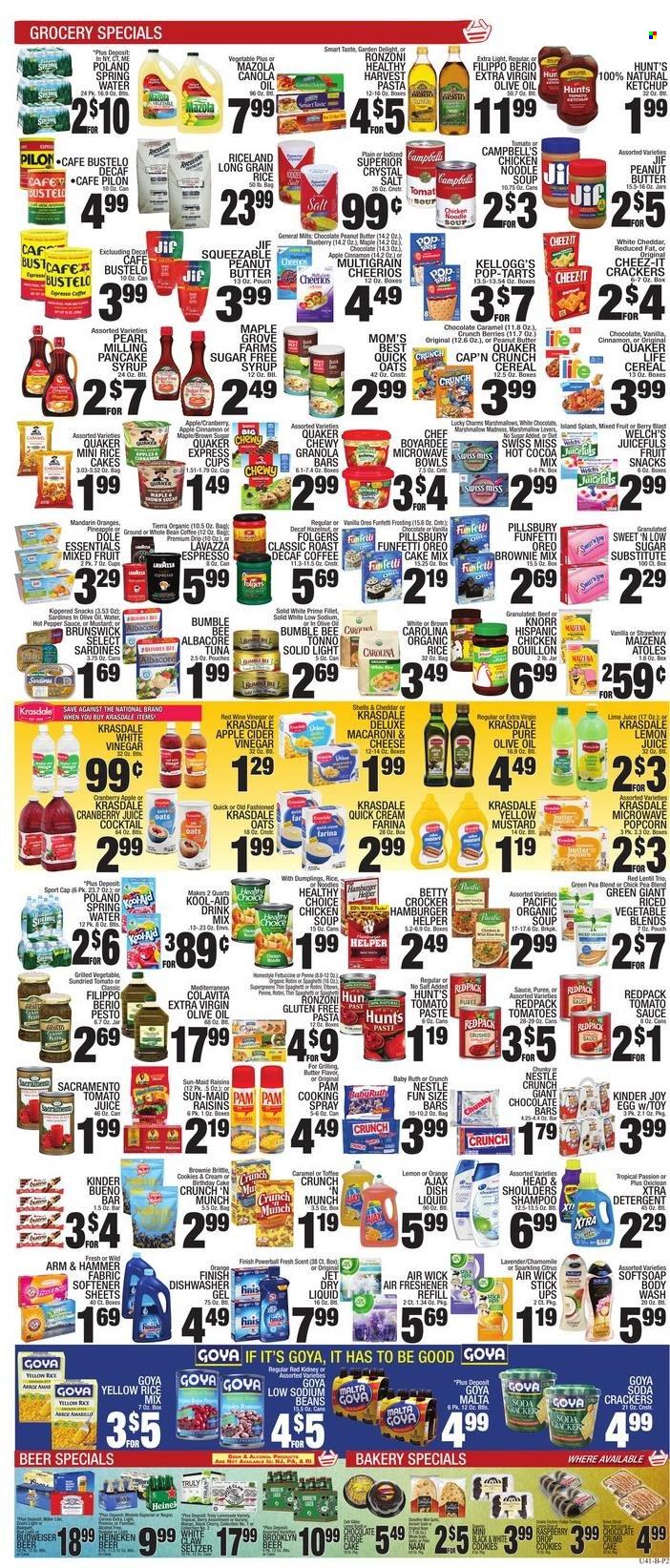 thumbnail - C-Town Flyer - 01/14/2022 - 01/20/2022 - Sales products - brownie mix, cake mix, Dole, mandarines, pineapple, Welch's, sardines, tuna, Campbell's, macaroni & cheese, soup, hamburger, pasta, Bumble Bee, Knorr, Pillsbury, dumplings, Quaker, noodles, Oreo, Swiss Miss, eggs, cookies, Nestlé, crackers, Kellogg's, Kinder Bueno, Pop-Tarts, fruit snack, popcorn, Cheez-It, ARM & HAMMER, bouillon, frosting, oats, Maizena, tomato paste, tomato sauce, Goya, cereals, Cheerios, granola bar, Cap'n Crunch, long grain rice, pepper, cinnamon, mustard, ketchup, pesto, apple cider vinegar, canola oil, cooking spray, extra virgin olive oil, vinegar, olive oil, oil, peanut butter, pancake syrup, syrup, Jif, raisins, dried fruit, cranberry juice, tomato juice, spring water, soda, lemon juice, hot cocoa, coffee, Folgers, beer, Heineken. Page 2.