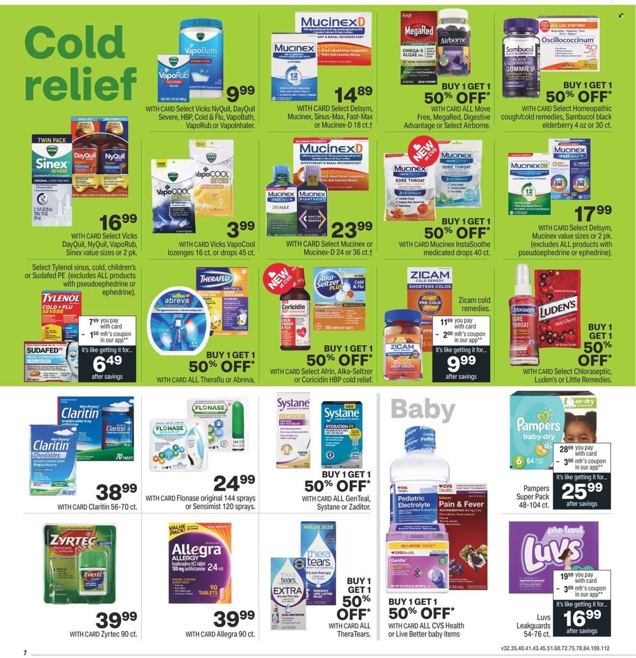thumbnail - CVS Pharmacy Flyer - 01/16/2022 - 01/22/2022 - Sales products - Pampers, Abreva, Vicks, Afrin, Coricidin, DayQuil, Delsym, Cold & Flu, MegaRed, Mucinex, Sudafed, Systane, Theraflu, Tylenol, Zyrtec, NyQuil, Omega-3, Alka-seltzer, VapoRub, Sambucol, Oscillococcinum, Sinex. Page 7.