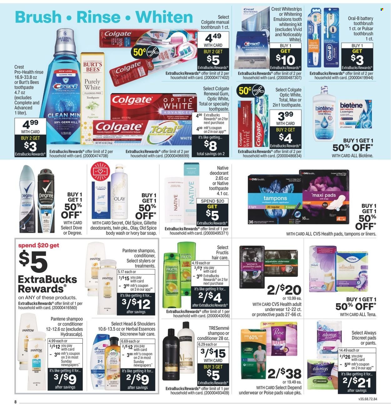 thumbnail - CVS Pharmacy Flyer - 01/16/2022 - 01/22/2022 - Sales products - alcohol, pants, Dove, body wash, shampoo, Old Spice, soap bar, soap, Biotene, Colgate, toothbrush, Oral-B, toothpaste, Crest, sanitary pads, Always Discreet, tampons, Olay, conditioner, TRESemmé, Head & Shoulders, Pantene, Herbal Essences, Fructis, anti-perspirant, deodorant, Gillette, shades. Page 8.