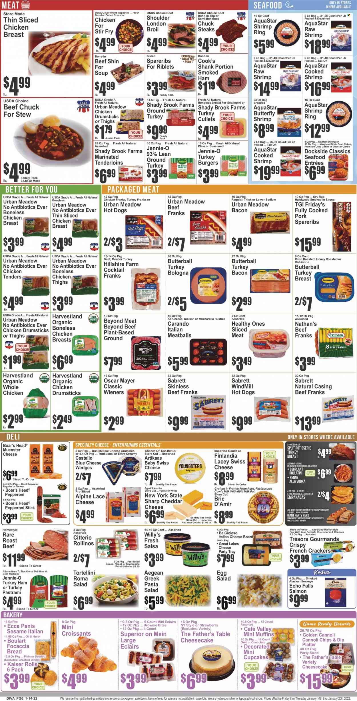 thumbnail - Key Food Flyer - 01/14/2022 - 01/20/2022 - Sales products - bread, croissant, focaccia, Father's Table, cupcake, cheesecake, brownies, muffin, artichoke, salad, eggplant, lobster, salmon, seafood, shrimps, crab cake, lobster cakes, hot dog, chicken tenders, meatballs, sandwich, soup, hamburger, pasta, tortellini, bacon, Butterball, salami, turkey bacon, ham, Hillshire Farm, pastrami, smoked ham, bologna sausage, Cook's, Oscar Mayer, pepperoni, chicken frankfurters, pasta salad, blue cheese, gouda, swiss cheese, brie, Münster cheese, cheese crumbles, custard, milk, eggs, dip, quiche, chocolate, crackers, chips, penne, salsa, oil, honey, vodka, ground turkey, whole chicken, chicken thighs, chicken drumsticks, beef meat, steak, roast beef, turkey burger, pork spare ribs, cheese board, beef bone. Page 6.