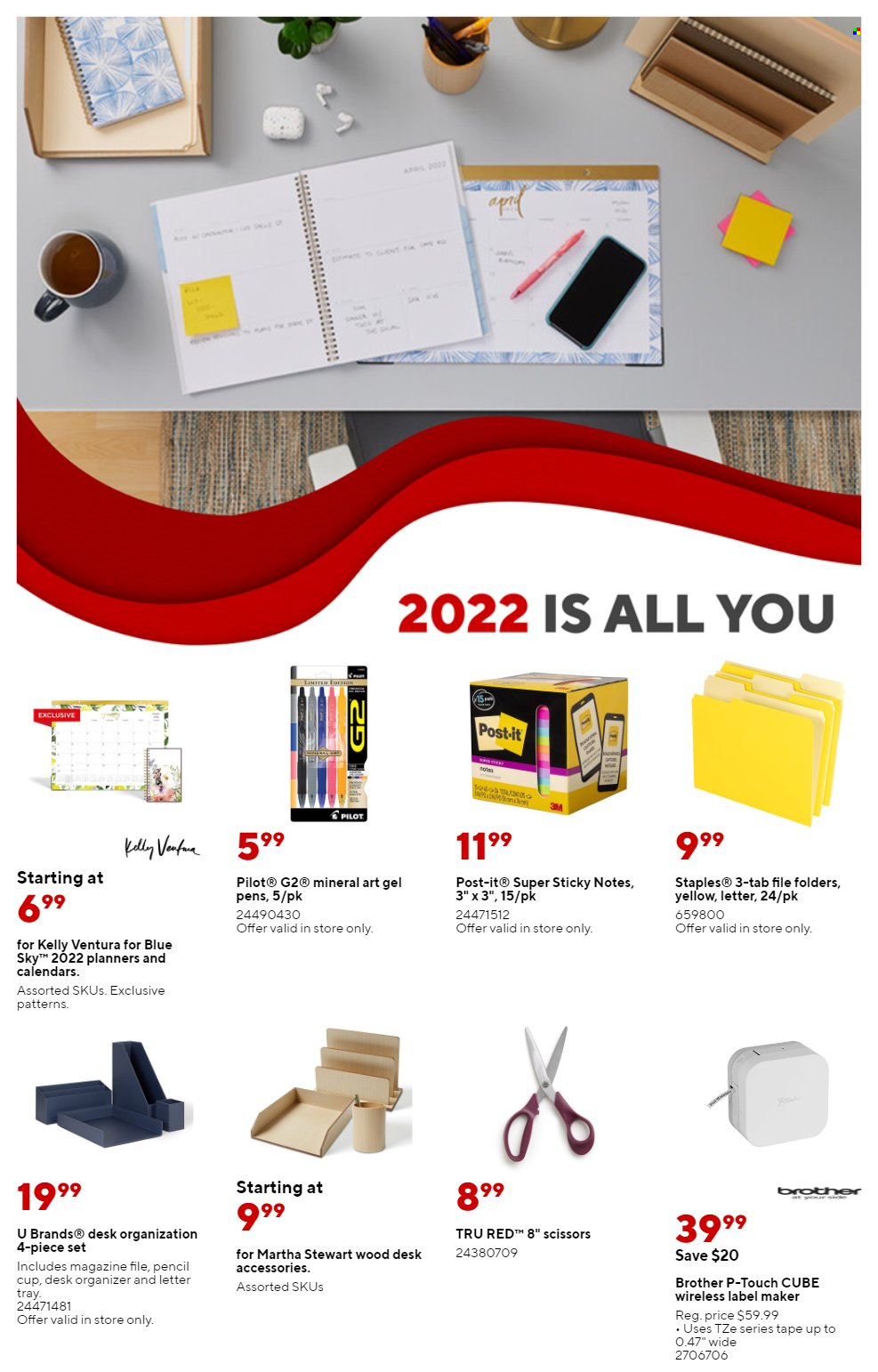 thumbnail - Staples Flyer - 01/16/2022 - 01/22/2022 - Sales products - Brother, scissors, letter tray, folder, pencil, Pilot, Post-It, desk. Page 11.