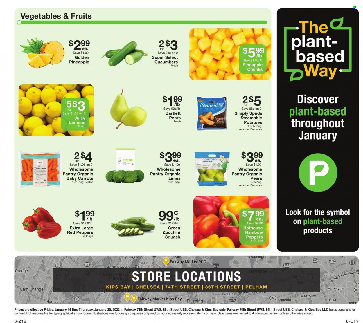 thumbnail - Fairway Market Flyer - 01/14/2022 - 01/20/2022 - Sales products - Bartlett pears, carrots, cucumber, zucchini, potatoes, peppers, red peppers, limes, pineapple, pears, oranges, lemons. Page 6.
