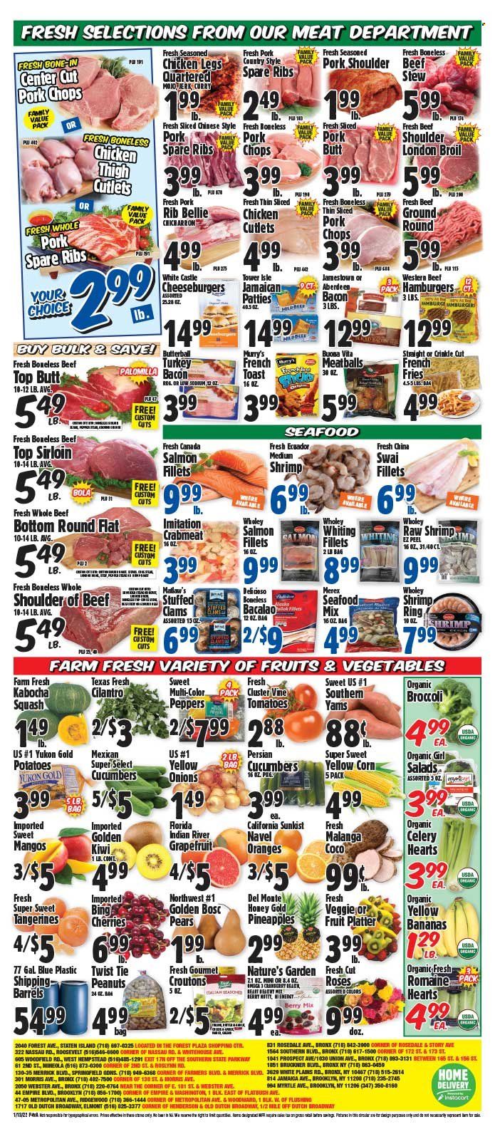 thumbnail - Western Beef Flyer - 01/13/2022 - 01/19/2022 - Sales products - broccoli, celery, cucumber, salad greens, tomatoes, potatoes, pumpkin, onion, salad, peppers, bananas, grapefruits, kiwi, mandarines, tangerines, pineapple, cherries, pears, oranges, Butterball, chicken legs, boneless chicken thighs, beef meat, ground beef, ribs, hamburger, pork chops, pork meat, pork ribs, pork shoulder, pork spare ribs, pork butt, clams, crab meat, fish fillets, salmon, salmon fillet, seafood, shrimps, whiting fillets, whiting, swai fillet, meatballs, cheeseburger, ready meal, french toast, bacon, potato fries, french fries, croutons, Del Monte, canned sweet potatoes, cilantro, peanuts, Bai, antioxidant drink, beer, Omega-3. Page 4.