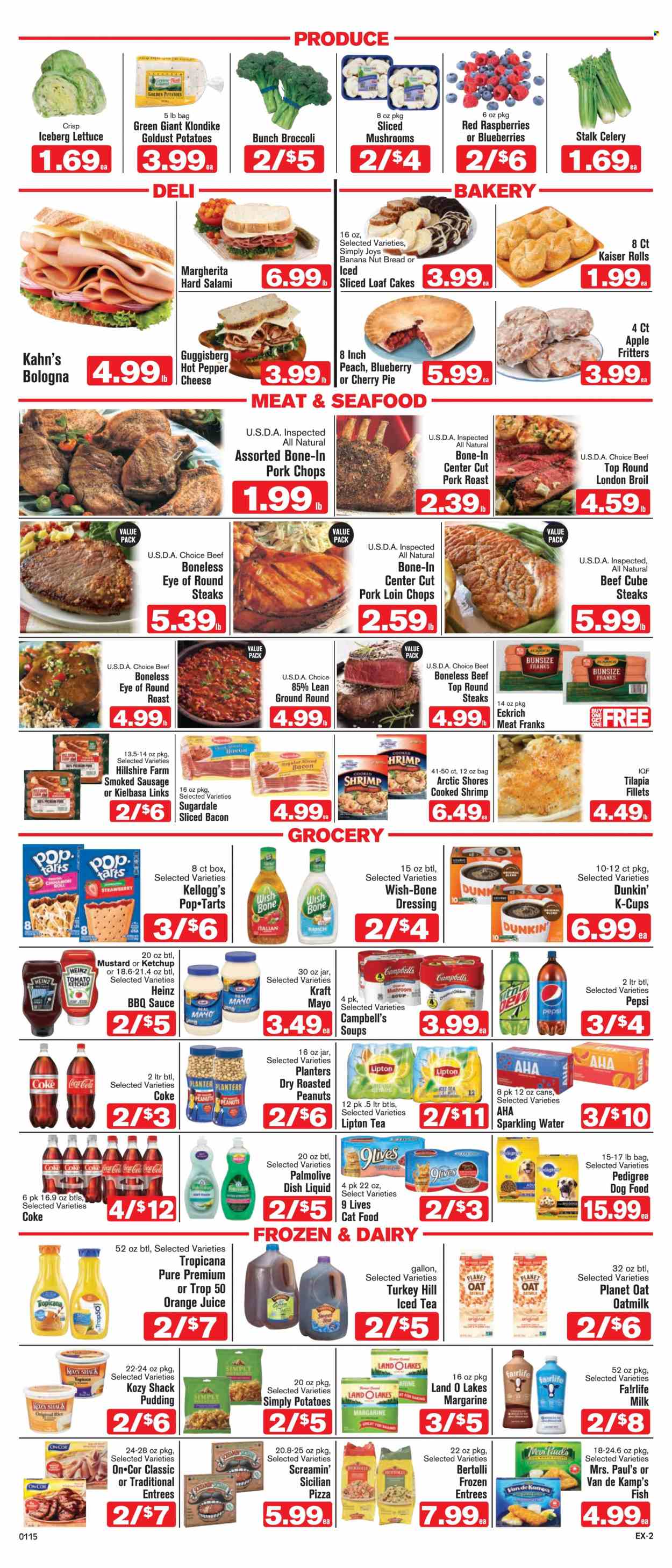 thumbnail - Shop ‘n Save Express Flyer - 01/15/2022 - 01/21/2022 - Sales products - bread, cake, pie, cherry pie, broccoli, celery, potatoes, lettuce, blueberries, beef meat, steak, eye of round, round roast, pork chops, pork loin, pork meat, pork roast, tilapia, fish, shrimps, Van de Kamp's, Arctic Shores, Campbell's, mushroom soup, pizza, soup, sauce, Kraft®, Bertolli, Sugardale, bacon, salami, Hillshire Farm, sausage, smoked sausage, kielbasa, pudding, milk, oat milk, margarine, mayonnaise, Screamin' Sicilian, Kellogg's, Heinz, pepper, BBQ sauce, mustard, ketchup, dressing, roasted peanuts, peanuts, Planters, Coca-Cola, Pepsi, orange juice, juice, Lipton, ice tea, sparkling water, dishwashing liquid, Palmolive, animal food, cat food, dog food, Pedigree, 9lives. Page 2.