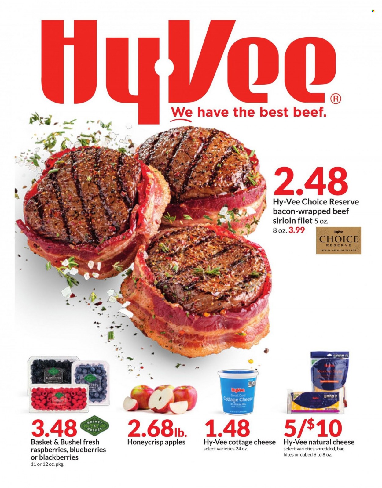 thumbnail - Hy-Vee Flyer - 01/12/2022 - 01/18/2022 - Sales products - apples, blackberries, blueberries, bacon, cottage cheese, cheese, curd, beef meat, beef sirloin, sirloin steak, basket. Page 1.