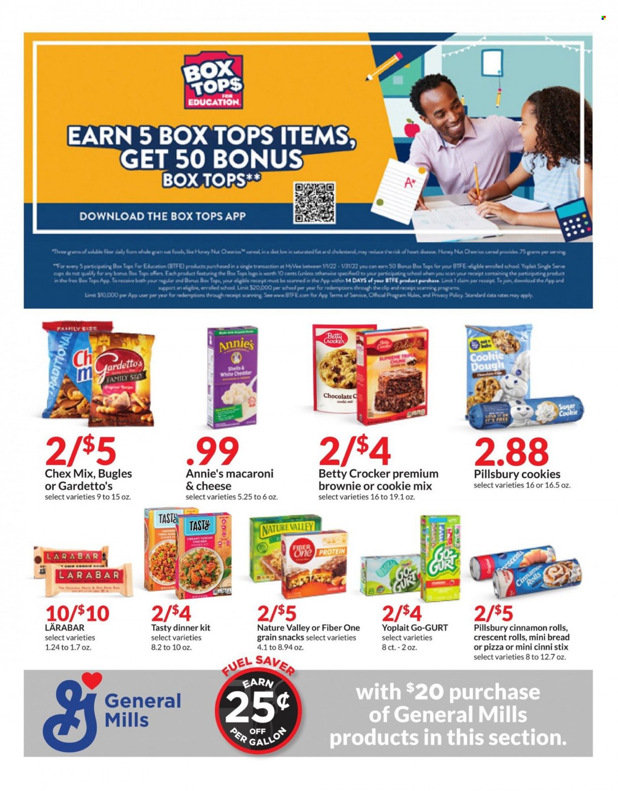 thumbnail - Hy-Vee Flyer - 01/12/2022 - 01/18/2022 - Sales products - bread, cinnamon roll, crescent rolls, brownies, macaroni & cheese, pizza, Pillsbury, dinner kit, Annie's, Yoplait, cookie dough, chocolate, snack, Chex Mix, Nature Valley, Fiber One, honey, cup, tops. Page 24.