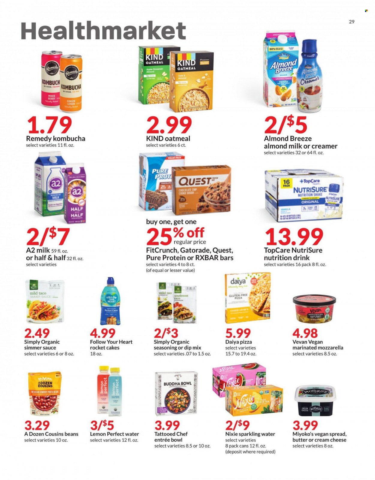 thumbnail - Hy-Vee Flyer - 01/12/2022 - 01/18/2022 - Sales products - cake, beans, ginger, rocket, pizza, sauce, almond milk, Almond Breeze, butter, creamer, dip, sugar, oatmeal, pinto beans, spice, cinnamon, Gatorade, sparkling water, kombucha, tea, bowl, Half and half. Page 29.