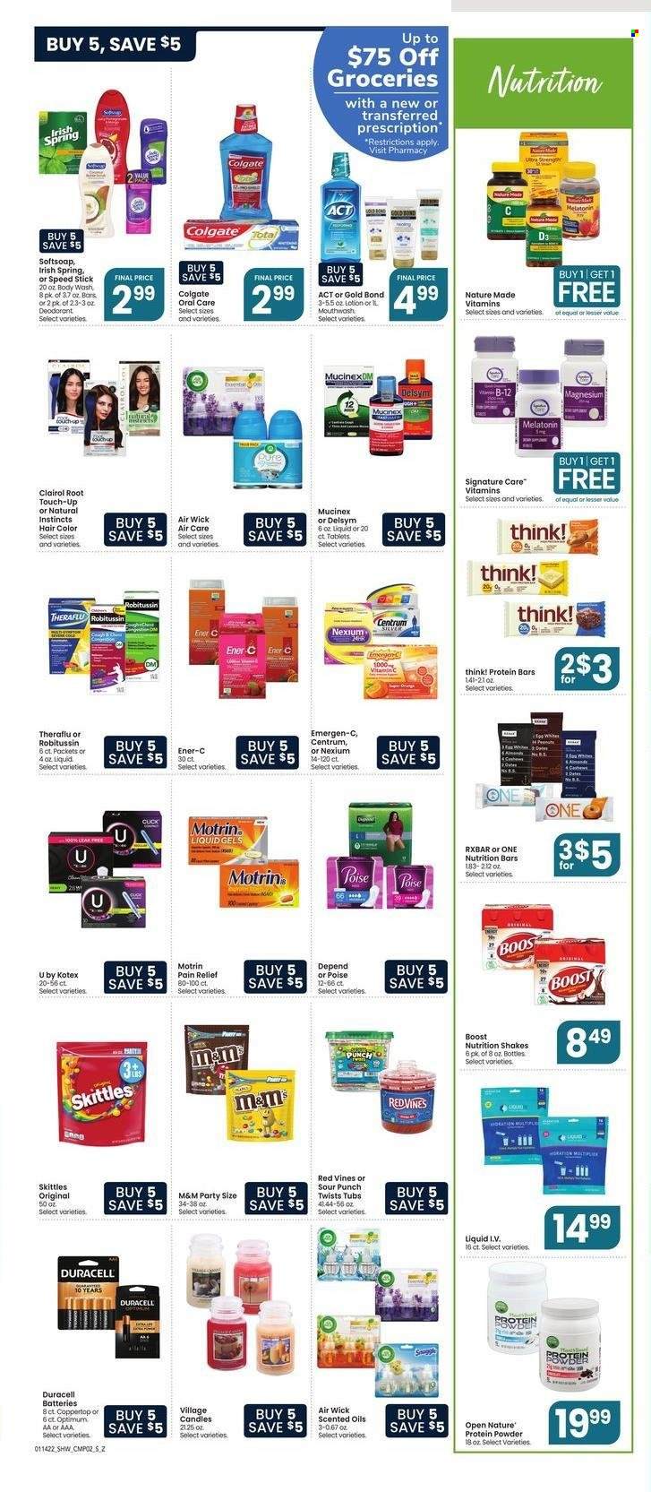 thumbnail - Shaw’s Flyer - 01/14/2022 - 01/20/2022 - Sales products - shake, M&M's, Skittles, nutrition bar, protein bar, Boost, body wash, Softsoap, Colgate, mouthwash, Kotex, Root Touch-Up, Clairol, hair color, body lotion, anti-perspirant, Speed Stick, deodorant, candle, Air Wick, battery, Duracell, Optimum, Delsym, magnesium, Melatonin, Mucinex, Nature Made, Robitussin, Theraflu, vitamin c, pain relief, Nexium, Emergen-C, whey protein, vitamin D3, Centrum, Motrin. Page 6.