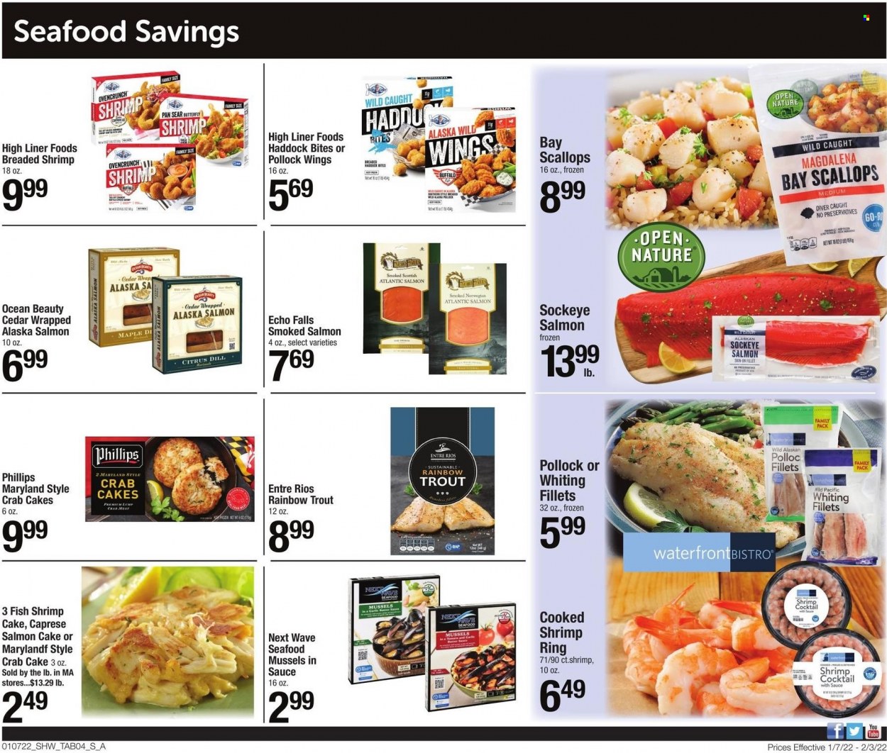 thumbnail - Shaw’s Flyer - 01/07/2022 - 02/03/2022 - Sales products - mussels, salmon, scallops, smoked salmon, trout, haddock, pollock, seafood, fish, shrimps, whiting fillets, whiting, crab cake, dill, WAVE, pan. Page 4.