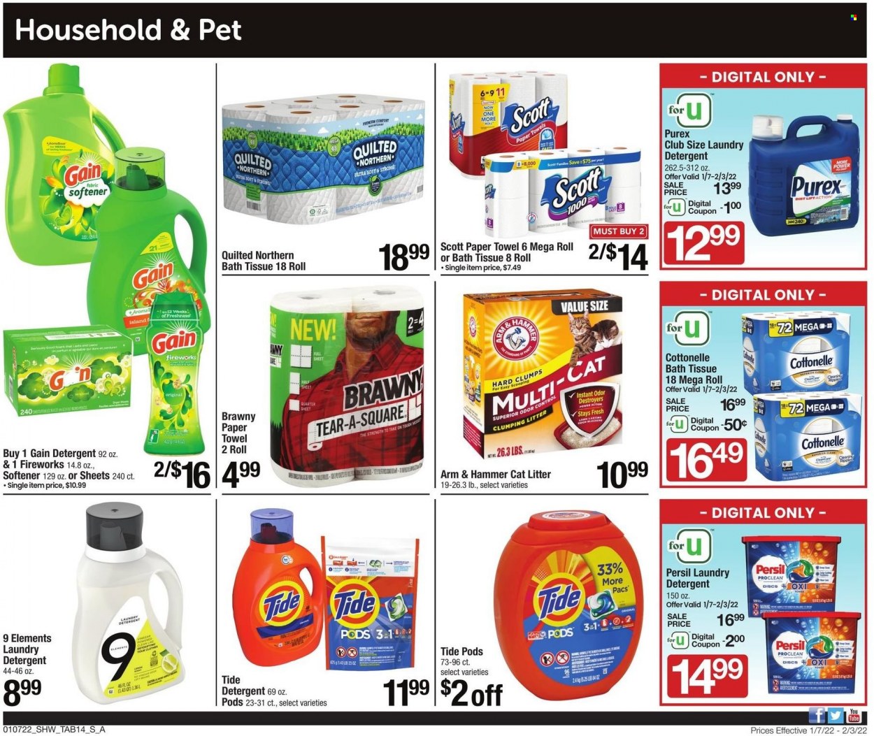 thumbnail - Shaw’s Flyer - 01/07/2022 - 02/03/2022 - Sales products - ARM & HAMMER, bath tissue, Cottonelle, Scott, Quilted Northern, kitchen towels, paper towels, detergent, Gain, Tide, Persil, fabric softener, laundry detergent, Purex. Page 14.