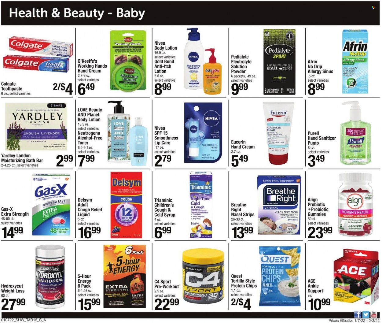 thumbnail - Shaw’s Flyer - 01/07/2022 - 02/03/2022 - Sales products - tortillas, Ace, cherries, chips, syrup, Colgate, toothpaste, Neutrogena, toner, Nivea, body lotion, Eucerin, hand cream, Yardley, Afrin, Delsym, dietary supplement. Page 15.