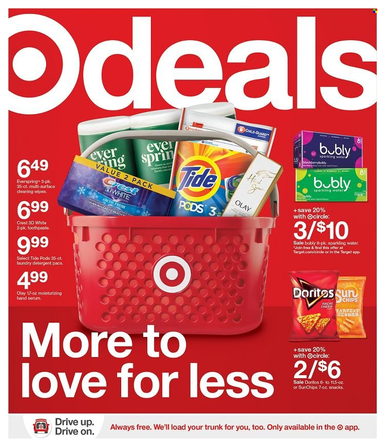 thumbnail - Target Flyer - 01/16/2022 - 01/22/2022 - Sales products - cheese, snack, Doritos, chips, sparkling water, cleansing wipes, wipes, detergent, Tide, laundry detergent, toothpaste, Crest, serum, Olay, Target. Page 1.