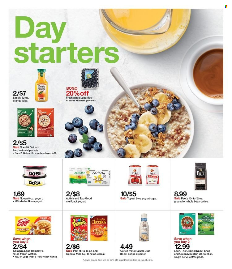 thumbnail - Target Flyer - 01/16/2022 - 01/22/2022 - Sales products - waffles, blueberries, yoghurt, Activia, Yoplait, Coffee-Mate, creamer, Kellogg's, oatmeal, cereals, Cheerios, Fruity Pebbles, orange juice, juice, coffee pods, Green Mountain. Page 2.