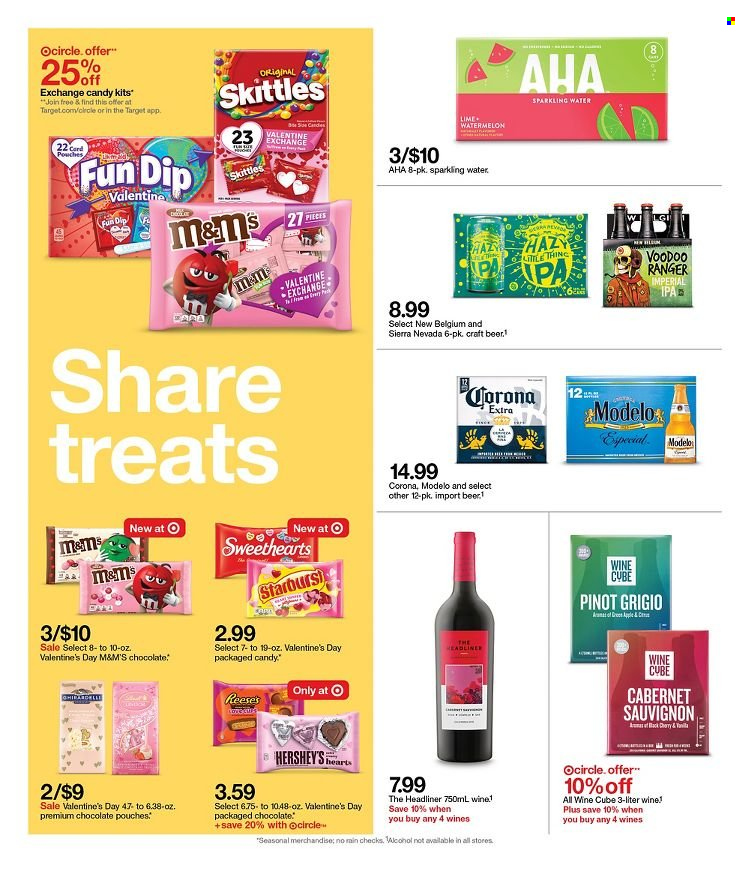thumbnail - Target Flyer - 01/16/2022 - 01/22/2022 - Sales products - watermelon, dip, Reese's, chocolate, M&M's, Skittles, sparkling water, Cabernet Sauvignon, red wine, white wine, wine, Pinot Grigio, beer, Corona Extra, IPA, Modelo, Target. Page 5.