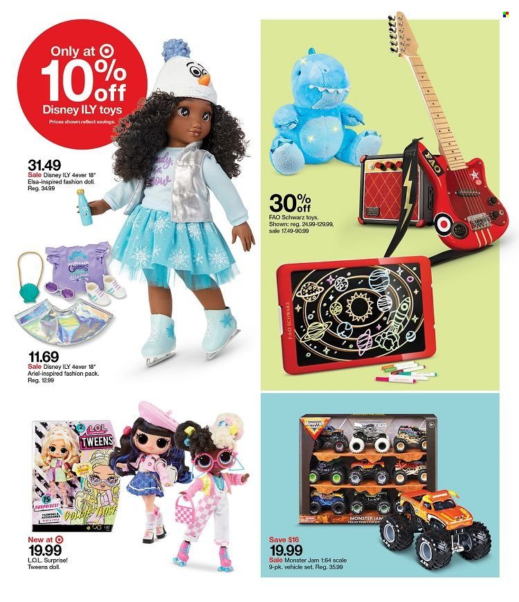 thumbnail - Target Flyer - 01/16/2022 - 01/22/2022 - Sales products - scale, Disney, Monster, Ariel, FAO Schwarz, doll, toys, vehicle. Page 9.