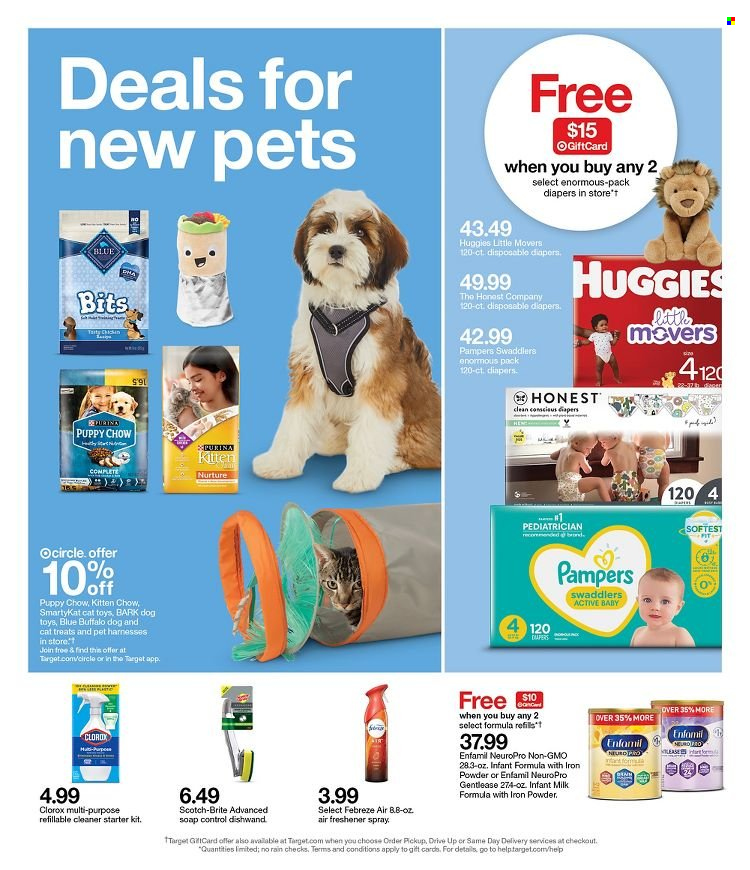 thumbnail - Target Flyer - 01/16/2022 - 01/22/2022 - Sales products - milk, Enfamil, Huggies, Pampers, nappies, Febreze, cleaner, Clorox, soap, Brite, Target, air freshener, freshener spray, cat toy, dog toy, Blue Buffalo, iron. Page 10.