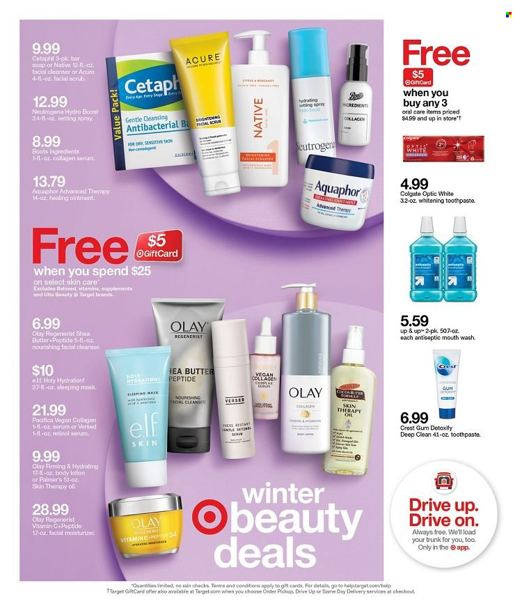 thumbnail - Target Flyer - 01/16/2022 - 01/22/2022 - Sales products - boots, butter, oil, Boost, Aquaphor, ointment, soap bar, soap, Colgate, toothpaste, Crest, cleanser, moisturizer, serum, Olay, Target, setting spray, Elf, vitamin c. Page 11.