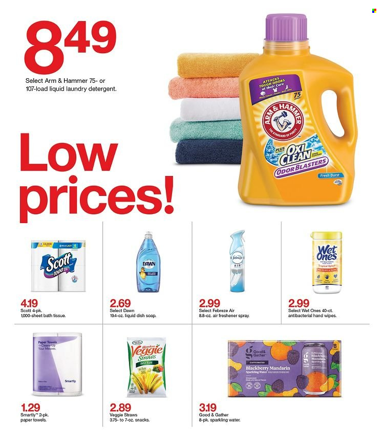 thumbnail - Target Flyer - 01/16/2022 - 01/22/2022 - Sales products - Scott, mandarines, snack, Veggie Straws, ARM & HAMMER, sparkling water, wipes, bath tissue, kitchen towels, paper towels, detergent, Febreze, laundry detergent, soap. Page 15.