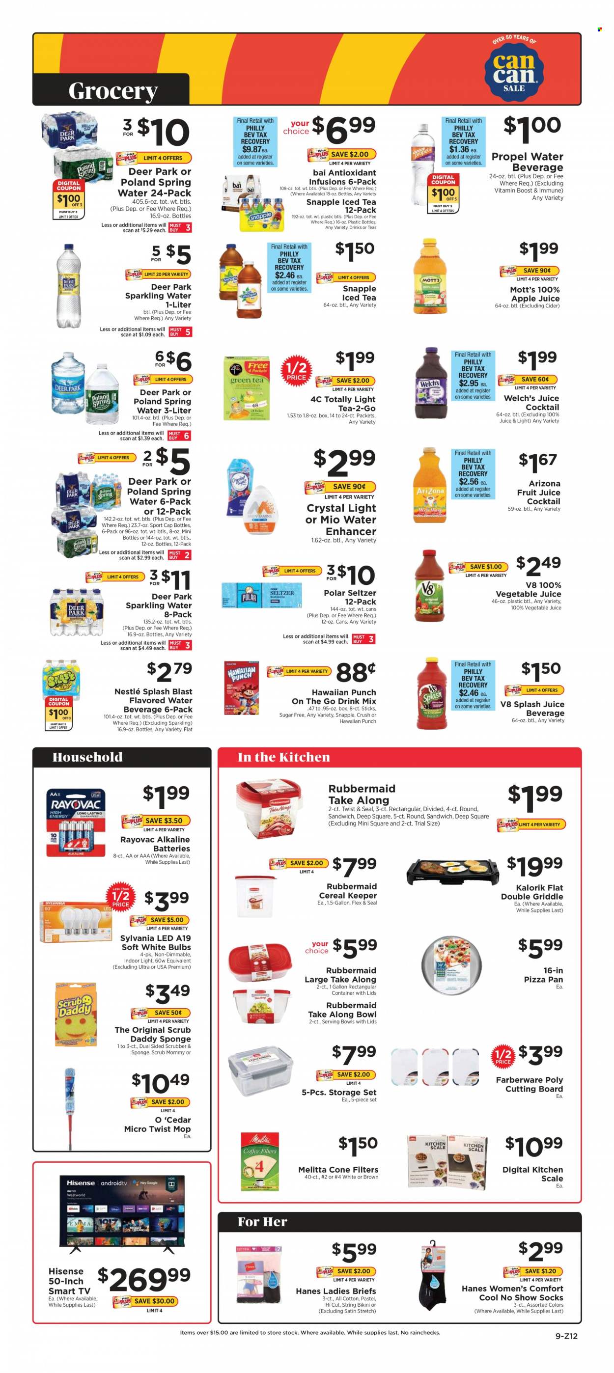 thumbnail - ShopRite Flyer - 01/16/2022 - 01/22/2022 - Sales products - Welch's, Mott's, sandwich, Nestlé, cereals, apple juice, juice, fruit juice, ice tea, AriZona, Snapple, vegetable juice, Bai, seltzer water, spring water, flavored water, sparkling water, Boost, cider, sponge, mop, cutting board, pan, pizza pan, scale, serving bowl, bowl, kitchen scale, container, storage container set, battery, bulb, Sylvania, alkaline batteries, socks, no-show socks, bikini. Page 9.