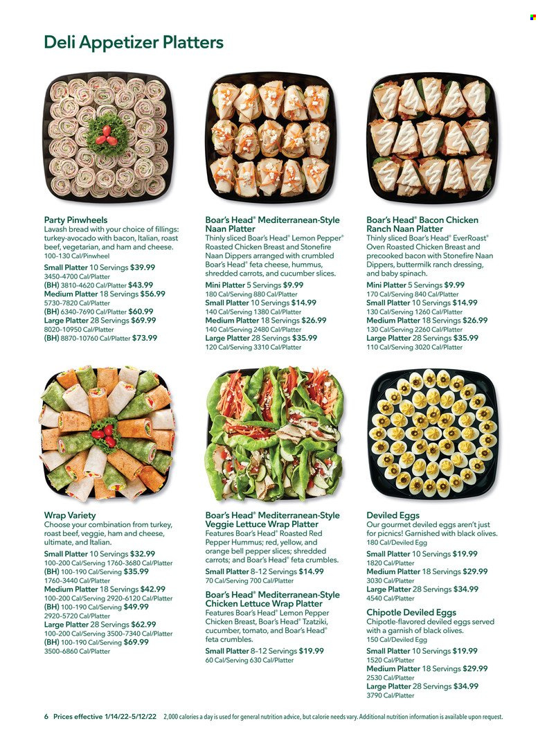 thumbnail - Publix Flyer - 01/14/2022 - 05/12/2022 - Sales products - bread, lettuce, avocado, oranges, chicken roast, ham, tzatziki, hummus, feta, buttermilk, eggs, ranch dressing, olives, dressing, chicken breasts, beef meat, roast beef. Page 6.