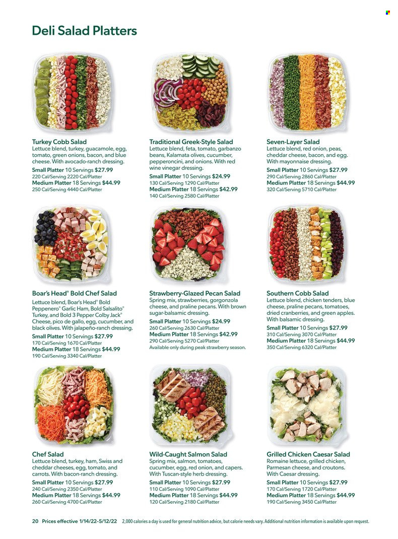 thumbnail - Publix Flyer - 01/14/2022 - 05/12/2022 - Sales products - garlic, salad, jalapeño, apples, salmon, chicken tenders, ham, guacamole, Colby cheese, cheddar, parmesan, feta, eggs, mayonnaise, ranch dressing, cane sugar, capers, cranberries, olives, pepper, caesar dressing, dressing, vinegar, wine vinegar, pecans, dried fruit, wine. Page 20.