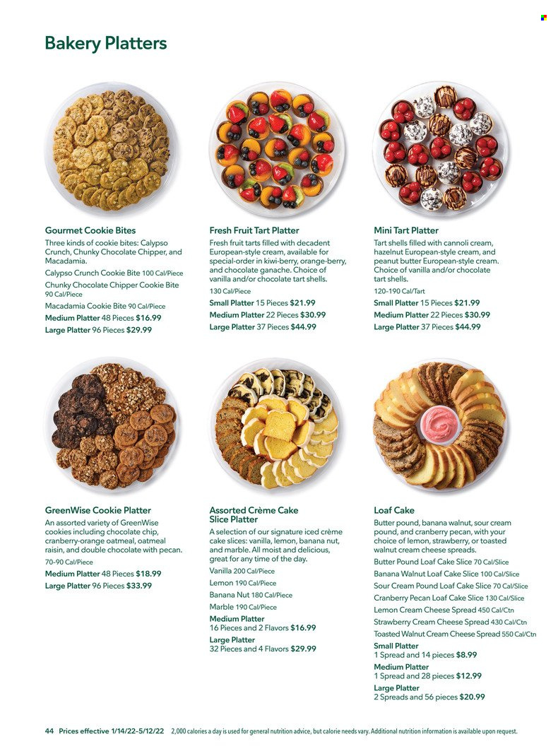 thumbnail - Publix Flyer - 01/14/2022 - 05/12/2022 - Sales products - cake, tart, cream pie, loaf cake, fruit tart, kiwi, oranges, cheese spread, cream cheese, sour cream, cookies, oatmeal, peanut butter. Page 44.