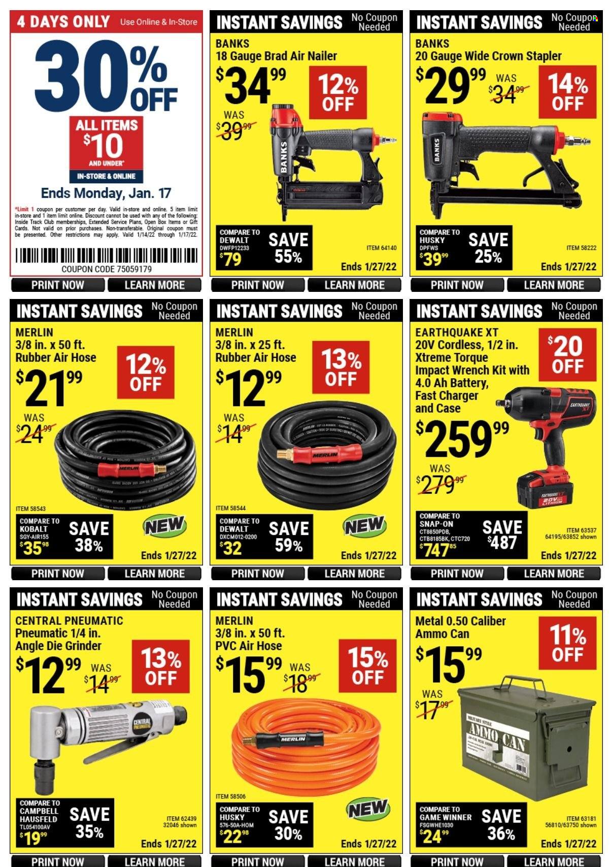 thumbnail - Harbor Freight Flyer - 01/14/2022 - 01/27/2022 - Sales products - ammo can, ammo, wrench, grinder, air hose, central pneumatic. Page 1.