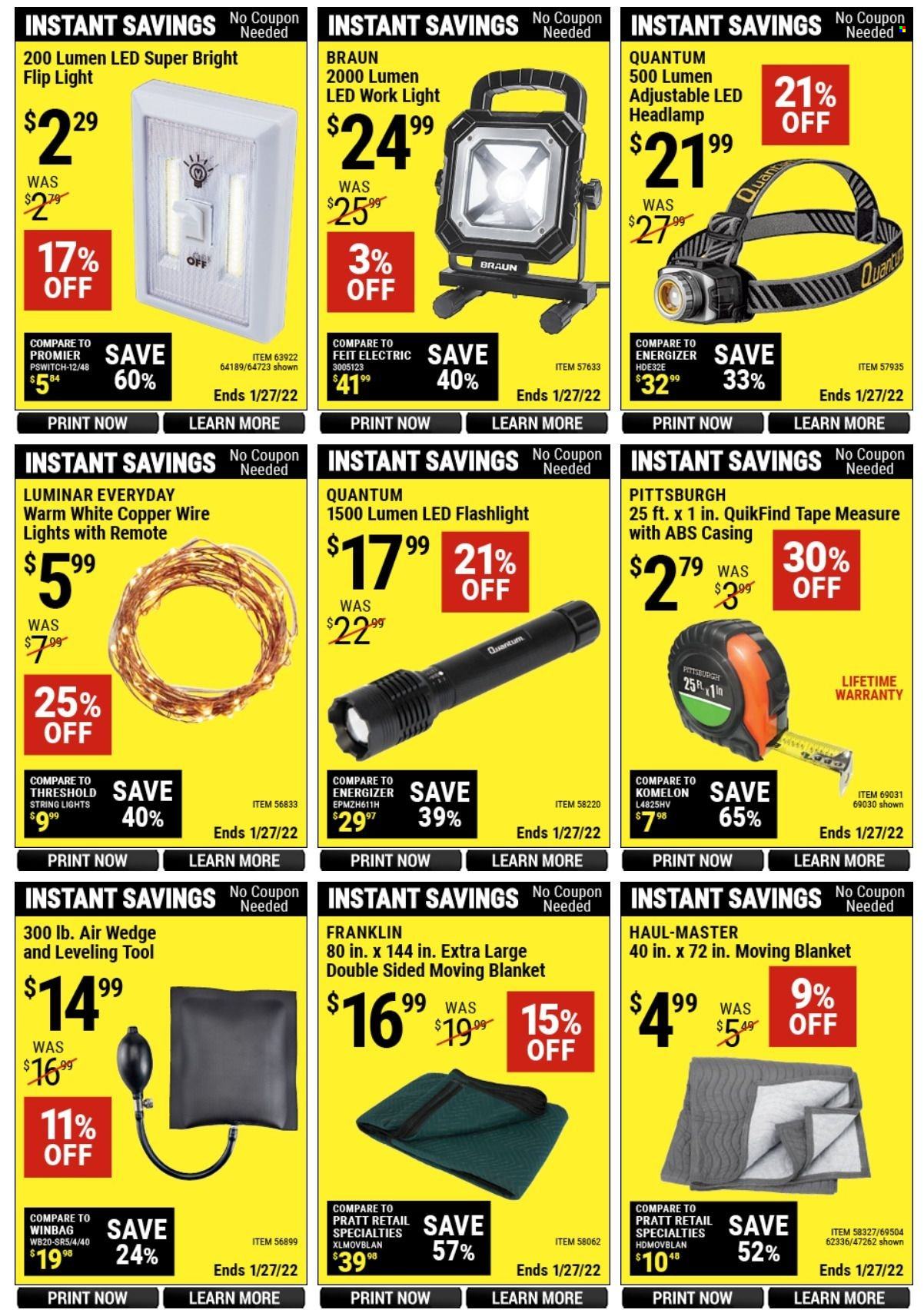 thumbnail - Harbor Freight Flyer - 01/14/2022 - 01/27/2022 - Sales products - Energizer, flashlight, headlamp, string lights, work light, BRAUN Lighting Solutions, measuring tape, blanket, moving blanket. Page 7.