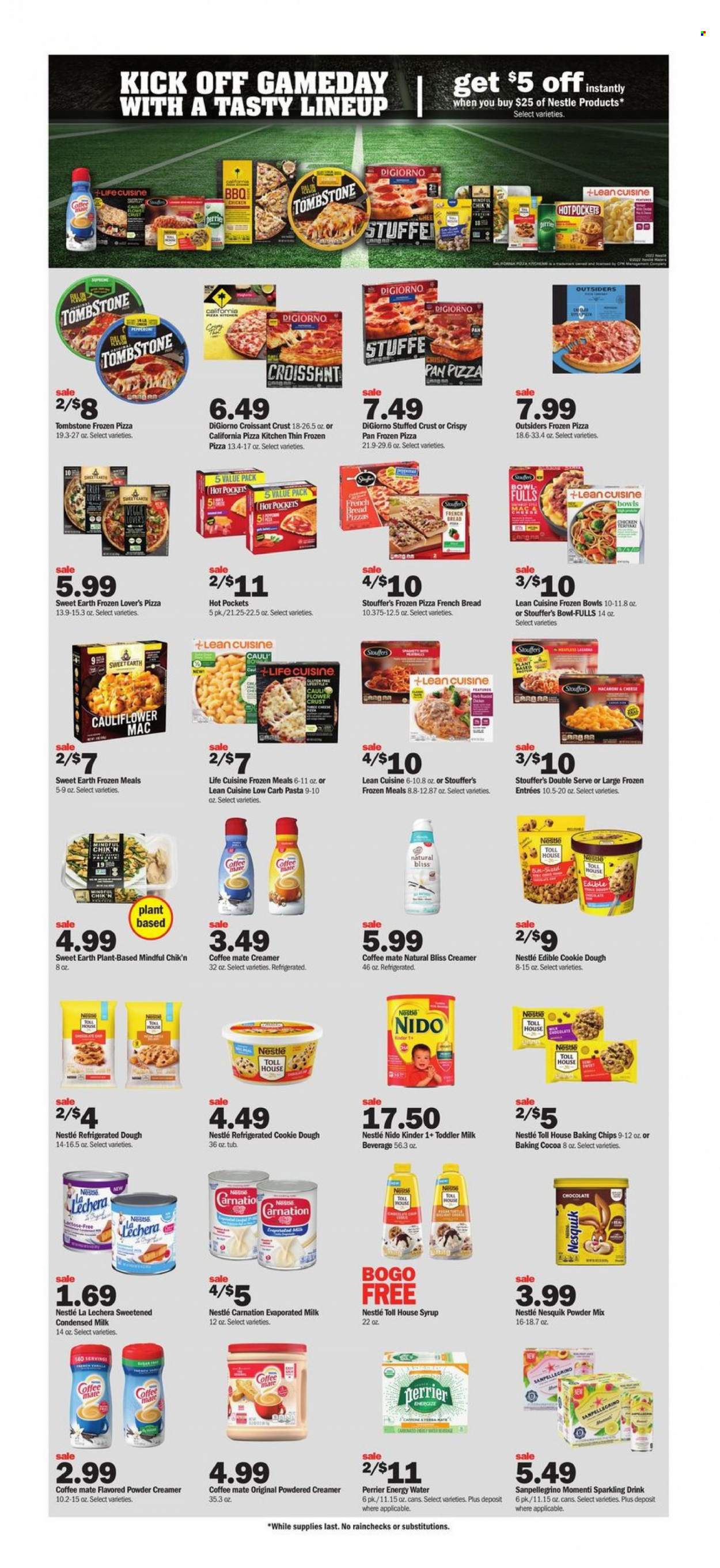 thumbnail - Meijer Flyer - 01/16/2022 - 01/22/2022 - Sales products - bread, croissant, french bread, hot pocket, pasta, Lean Cuisine, bowl-fulls, Nesquik, Coffee-Mate, evaporated milk, condensed milk, creamer, Stouffer's, cookie dough, Nestlé, chocolate, cocoa, baking chips, syrup, Perrier, pan, t-shirt. Page 7.