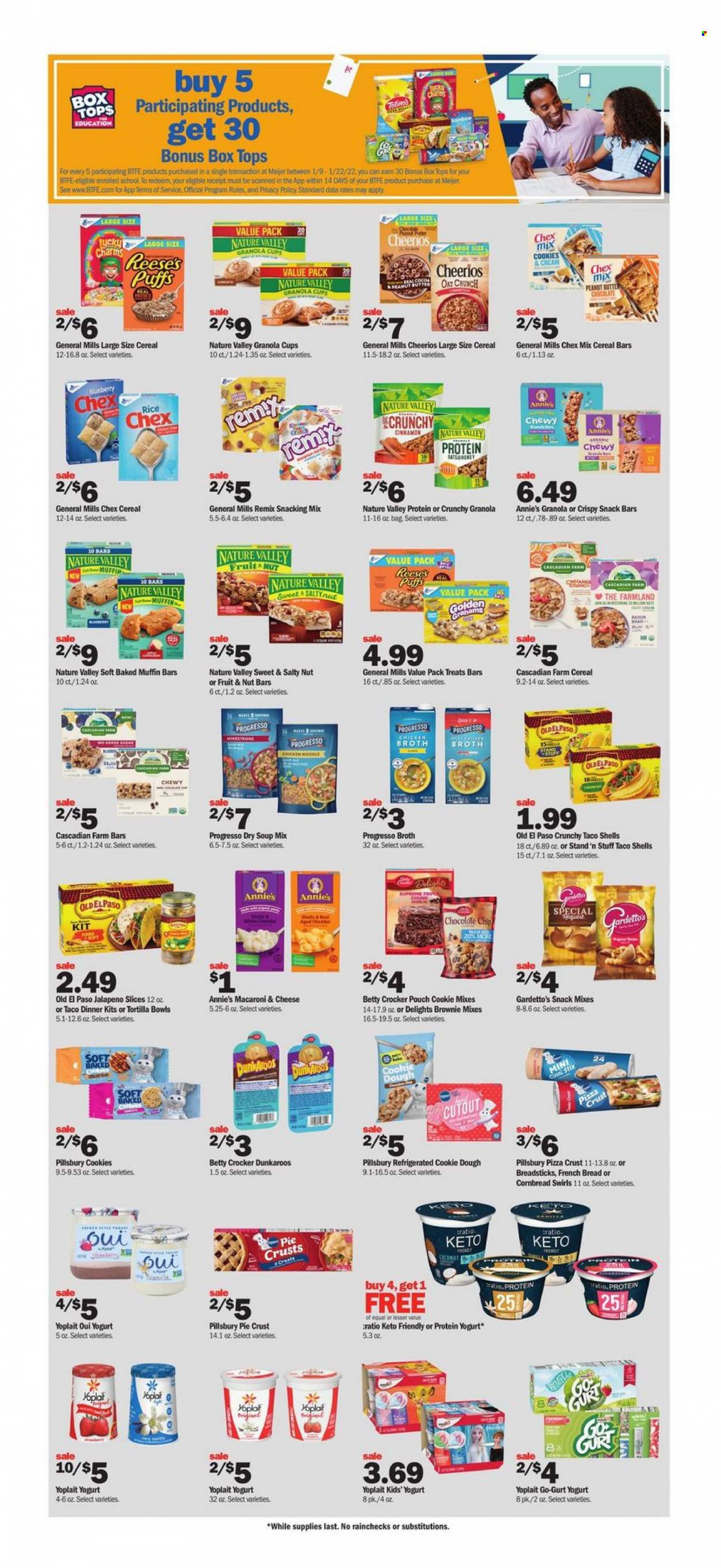 thumbnail - Meijer Flyer - 01/16/2022 - 01/22/2022 - Sales products - bread, tortillas, corn bread, Old El Paso, french bread, puffs, brownies, muffin, jalapeño, coconut, macaroni & cheese, pizza, soup mix, soup, Pillsbury, dinner kit, Progresso, Annie's, yoghurt, Yoplait, Reese's, cookie dough, cookies, chocolate, snack, cereal bar, snack bar, bread sticks, Chex Mix, pie crust, broth, cereals, granola, Cheerios, nut bar, Nature Valley, cinnamon, peanut butter, bag, cup, tops. Page 8.
