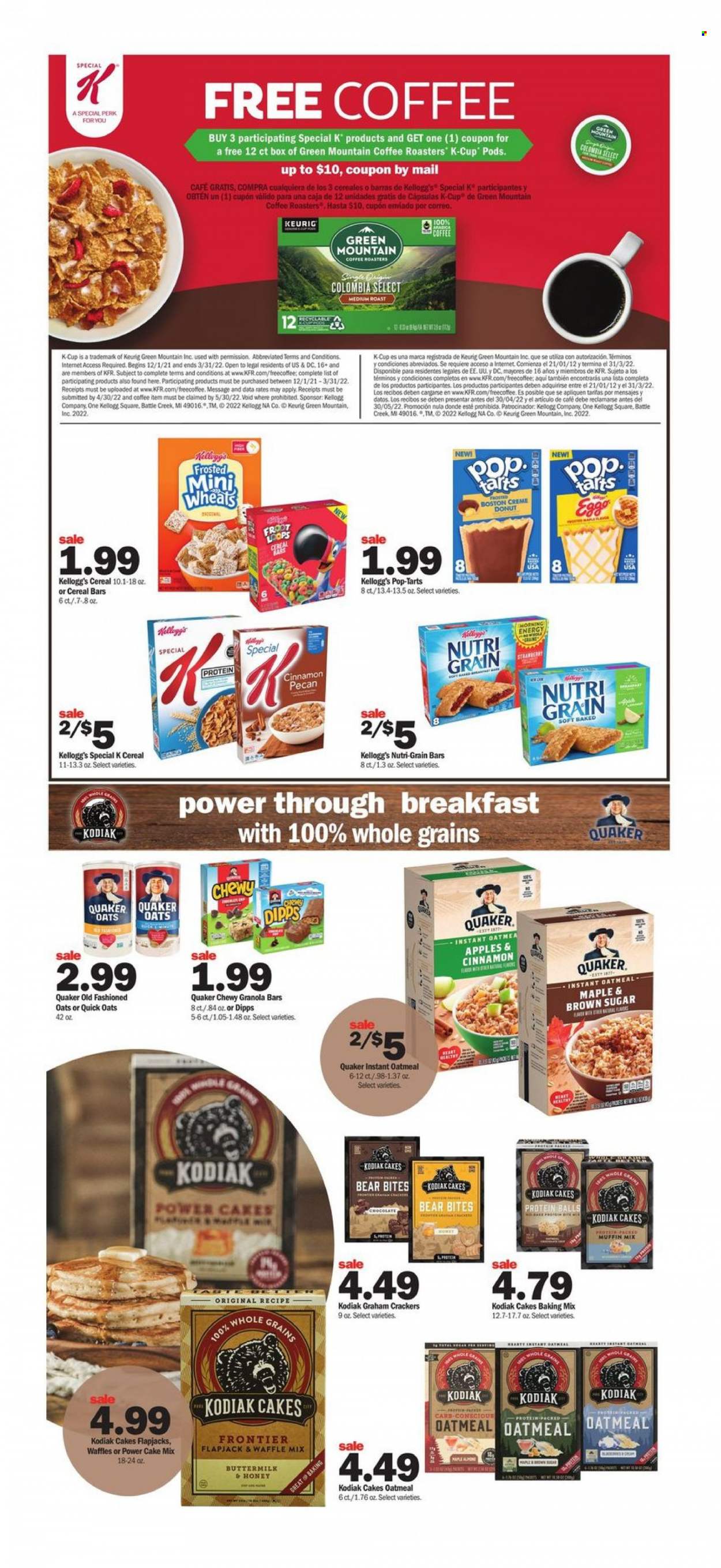 thumbnail - Meijer Flyer - 01/16/2022 - 01/22/2022 - Sales products - donut, waffles, cake mix, muffin mix, Quaker, buttermilk, graham crackers, chocolate, cereal bar, crackers, Kellogg's, Pop-Tarts, Nutri-Grain bars, oatmeal, granola bar, Quick Oats, Nutri-Grain, cinnamon, honey, coffee, coffee capsules, K-Cups, Keurig, Green Mountain, cap. Page 9.