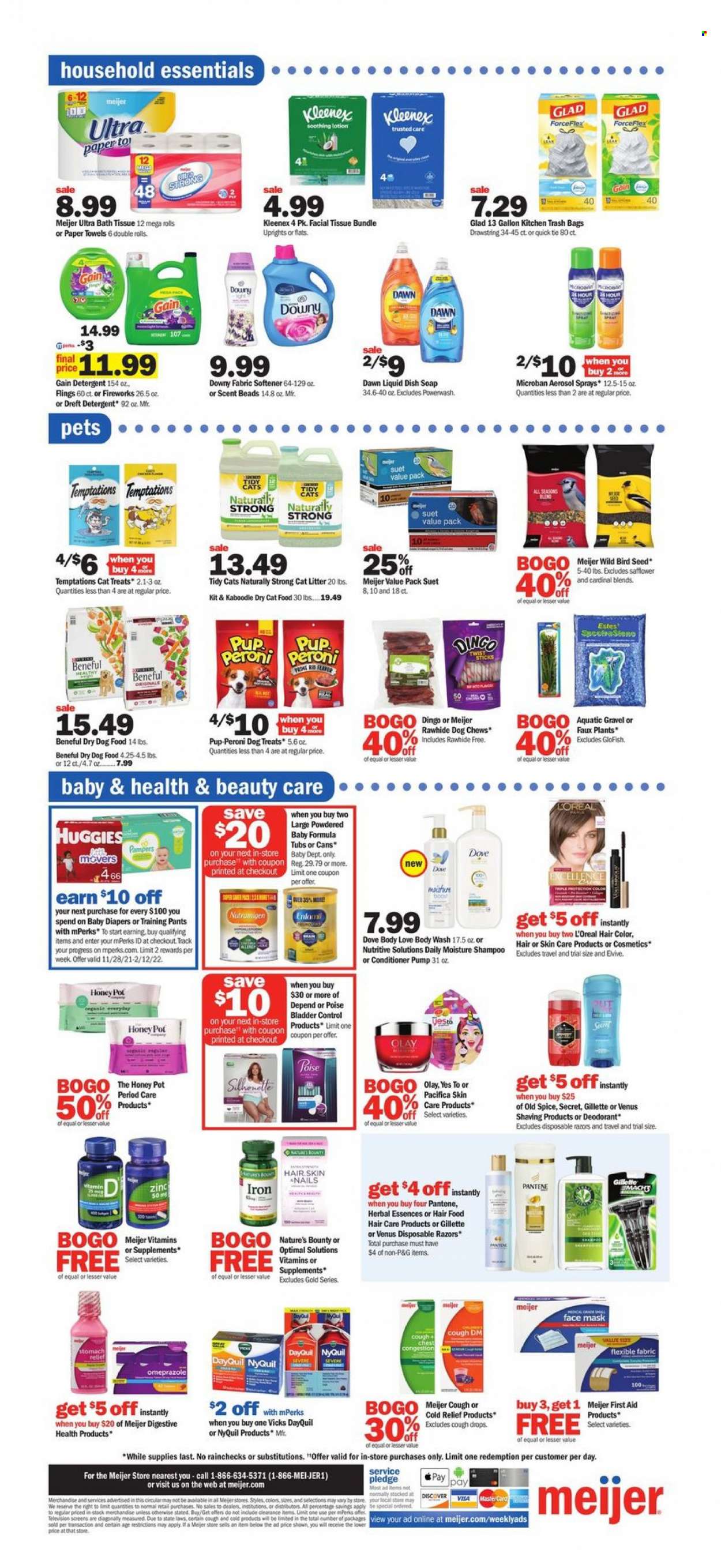 thumbnail - Meijer Flyer - 01/16/2022 - 01/22/2022 - Sales products - suet, spice, Huggies, Pampers, pants, nappies, baby pants, bath tissue, Kleenex, kitchen towels, paper towels, Honey Pot, detergent, Gain, Pledge, fabric softener, Downy Laundry, body wash, Dove, shampoo, Old Spice, soap, L’Oréal, Olay, face mask, conditioner, Pantene, hair color, Herbal Essences, body lotion, anti-perspirant, deodorant, Gillette, Venus, disposable razor, Vicks, trash bags, gallon, pot, cat litter, animal food, animal treats, bird food, cat food, dog food, dry dog food, dog chews, dry cat food, Pup-Peroni, DayQuil, Nature's Bounty, NyQuil, zinc, cough drops. Page 14.