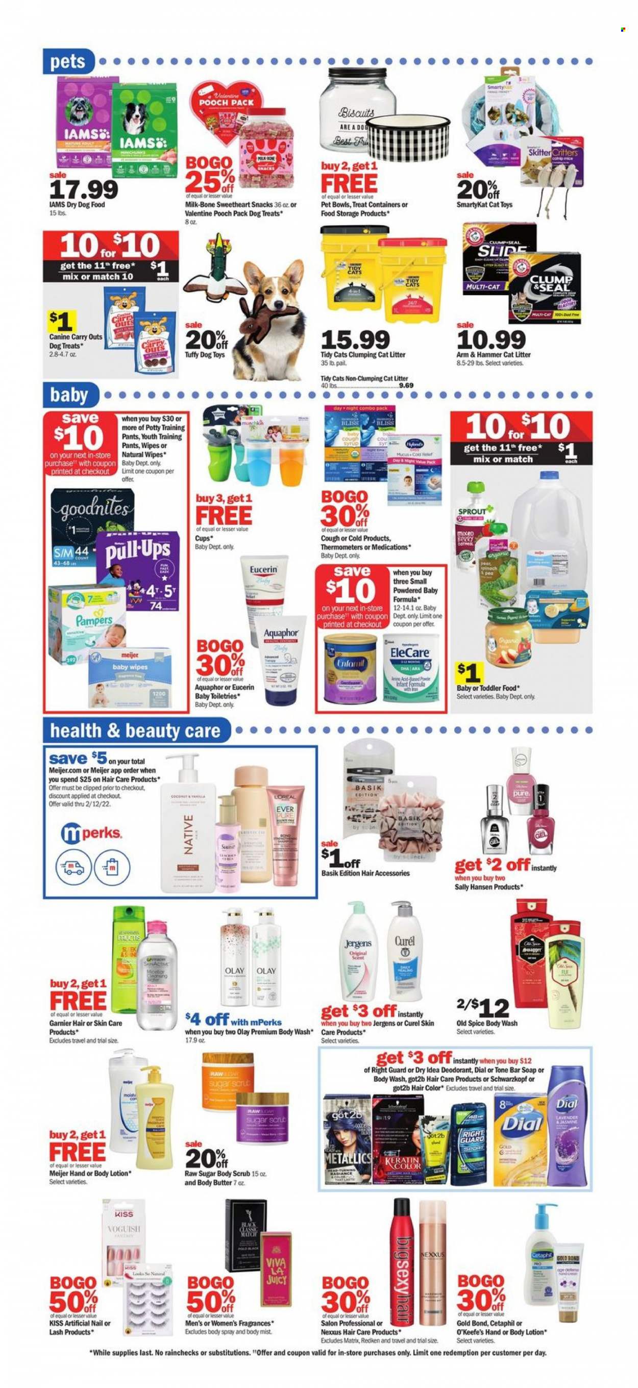 thumbnail - Meijer Flyer - 01/16/2022 - 01/22/2022 - Sales products - pears, milk, snack, biscuit, ARM & HAMMER, spice, syrup, wipes, Pampers, pants, baby wipes, baby pants, Aquaphor, body wash, Old Spice, Schwarzkopf, soap bar, Dial, Raw Sugar, soap, Garnier, Olay, Curél, hair color, Nexxus, keratin, body butter, body lotion, body mist, body scrub, body spray, Eucerin, Jergens, anti-perspirant, deodorant, Sally Hansen, cup, cat litter, mouse, cat toy, dog toy, Tuffy, animal food, dog food, dry dog food, Iams. Page 15.