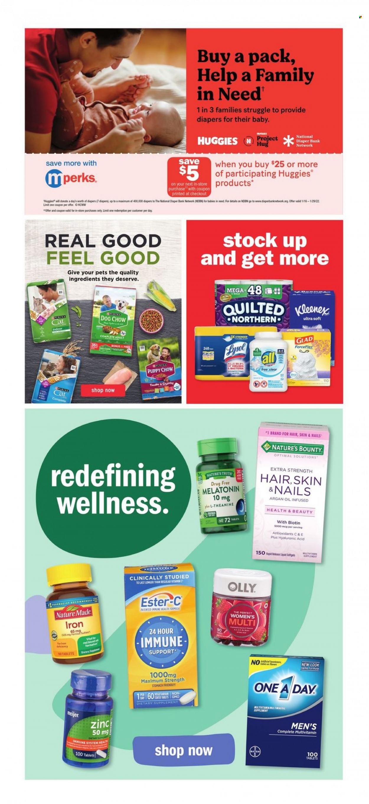 thumbnail - Meijer Flyer - 01/16/2022 - 01/22/2022 - Sales products - wipes, Huggies, nappies, Kleenex, Rin, Dog Chow, Purina, Biotin, Ester-c, Melatonin, multivitamin, Nature Made, Nature's Bounty, Nature's Truth, argan oil, zinc, Bayer, dietary supplement. Page 18.