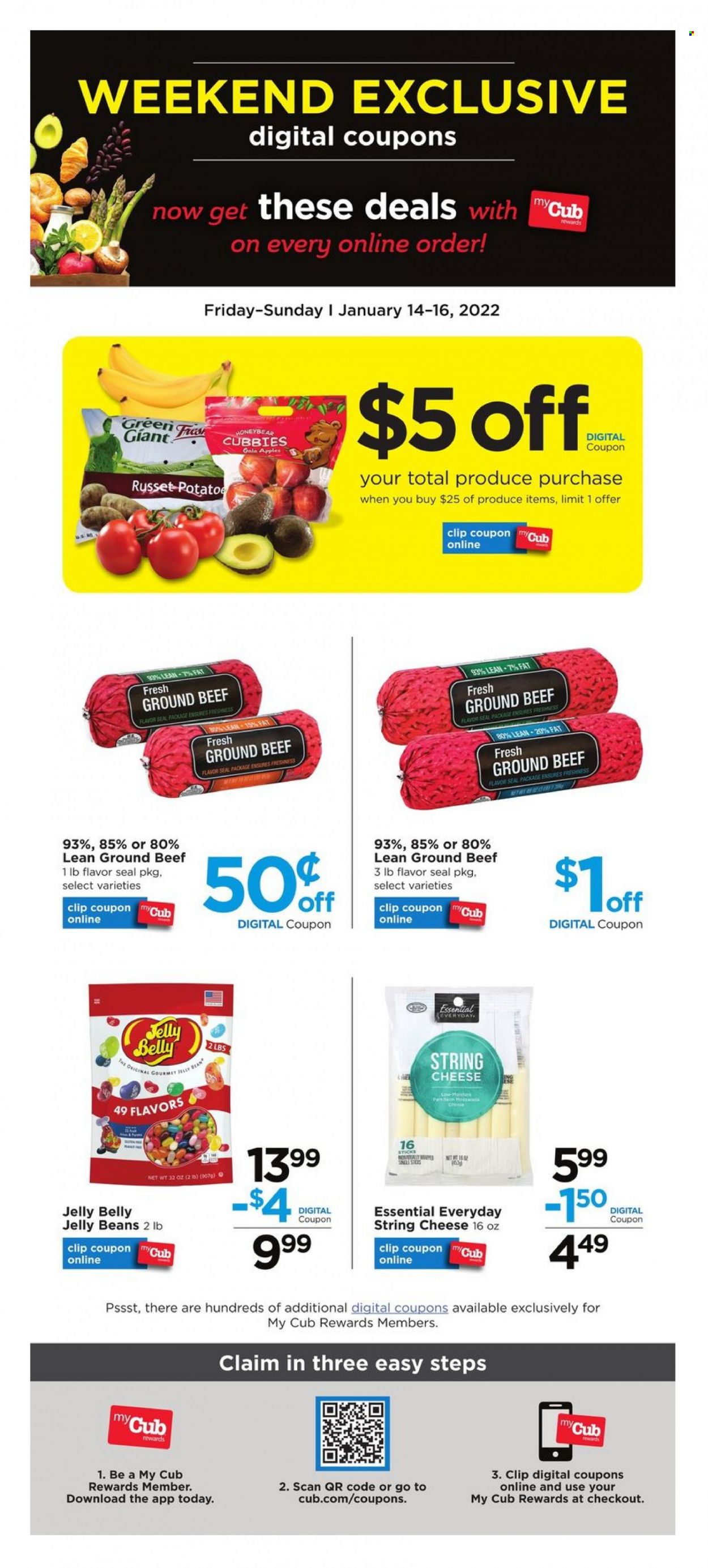thumbnail - Cub Foods Flyer - 01/14/2022 - 01/16/2022 - Sales products - russet potatoes, apples, Gala, string cheese, cheese, jelly beans, beef meat, ground beef. Page 1.