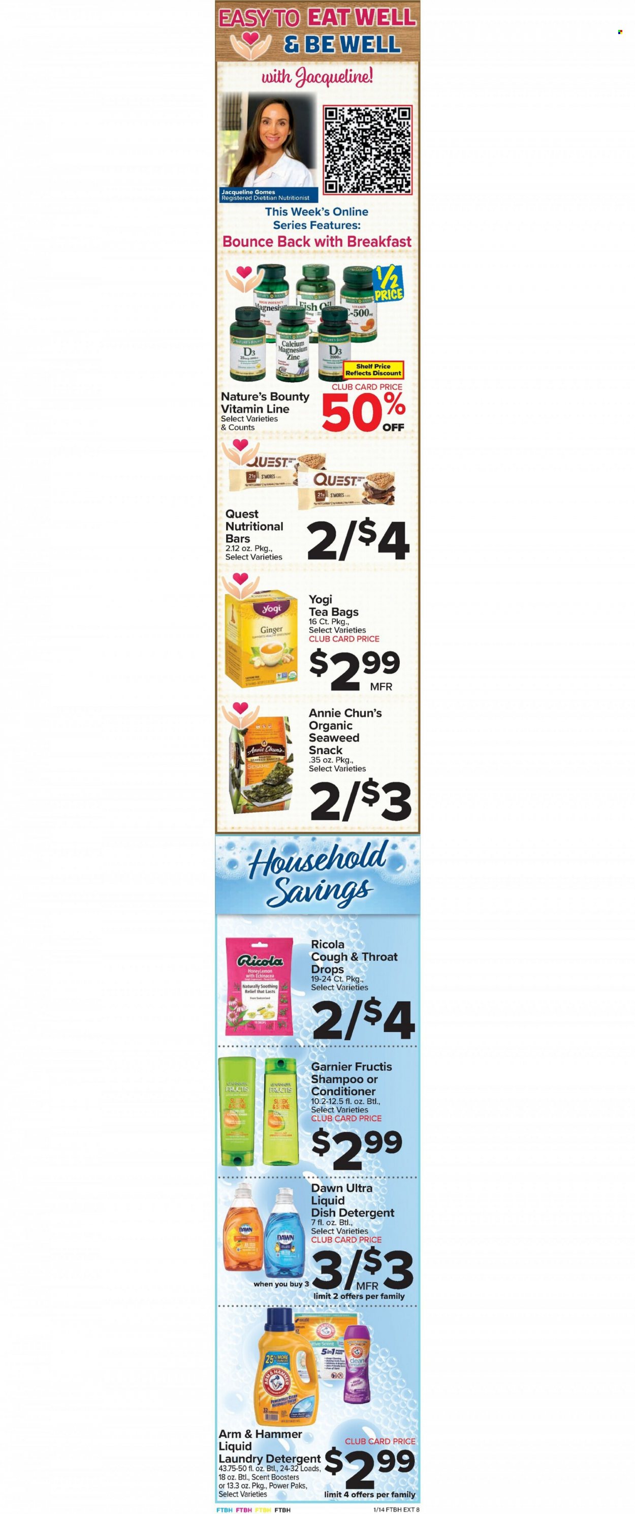 thumbnail - Foodtown Flyer - 01/14/2022 - 01/20/2022 - Sales products - ginger, fish, ricola, snack, ARM & HAMMER, seaweed, tea bags, detergent, laundry detergent, Bounce, scent booster, shampoo, Garnier, conditioner, Fructis, calcium, magnesium, Nature's Bounty, zinc, vitamin D3. Page 8.