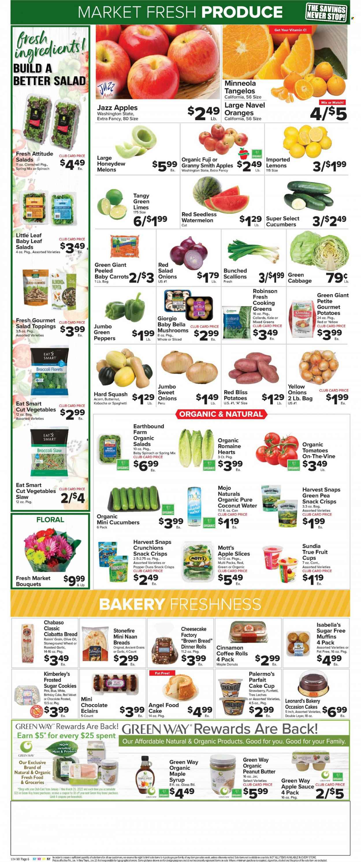 thumbnail - Foodtown Flyer - 01/14/2022 - 01/20/2022 - Sales products - tangelos, ciabatta, cake, dinner rolls, brown bread, cheesecake, donut, Angel Food, muffin, kale, potatoes, onion, limes, watermelon, honeydew, oranges, Granny Smith, Mott's, cookies, chocolate, snack, Harvest Snaps, cinnamon, olive oil, apple sauce, maple syrup, peanut butter, syrup, almonds, coconut water, coffee, alcohol, cup, bouquet, butternut squash, melons, lemons. Page 6.