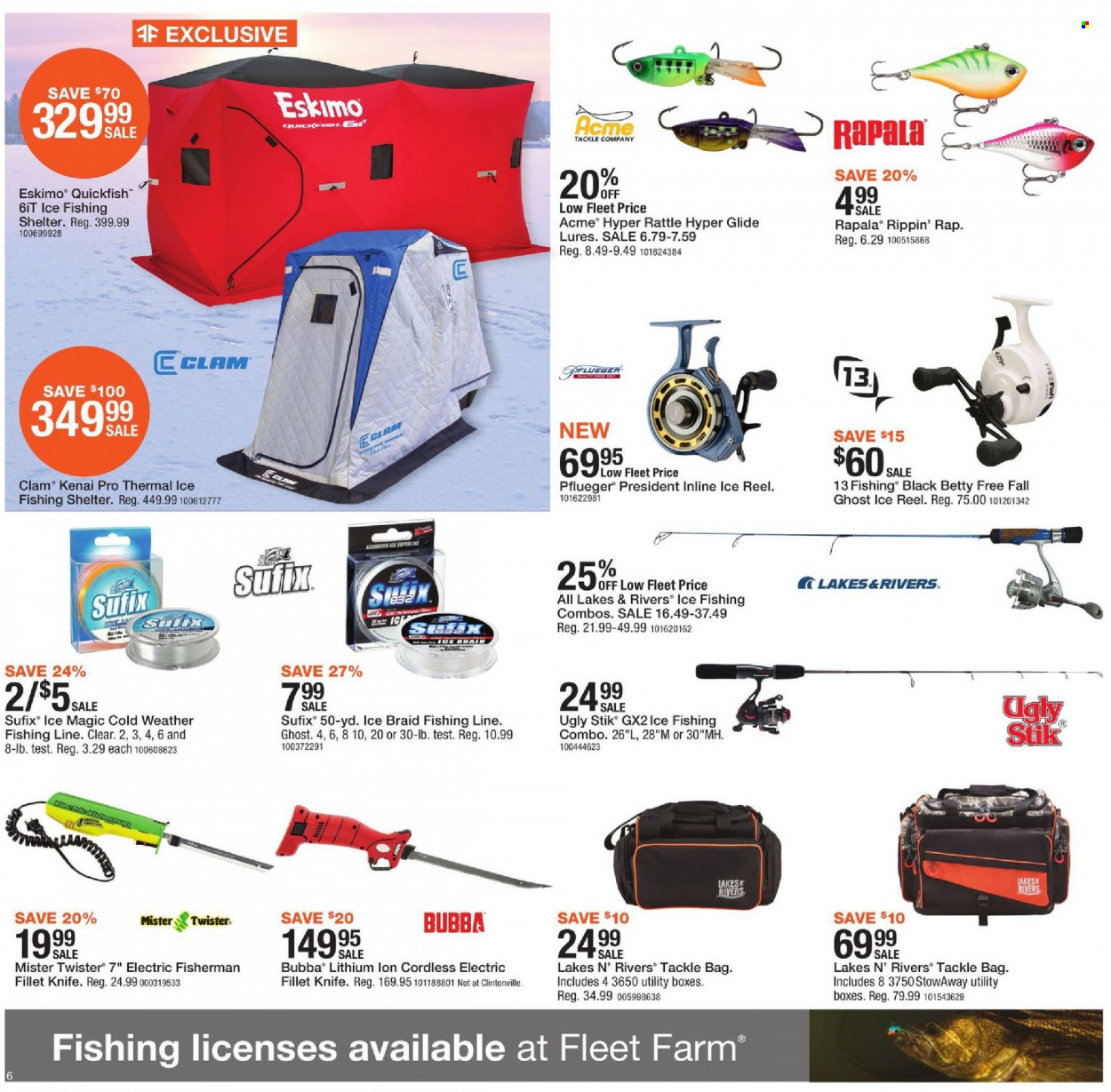 thumbnail - Fleet Farm Flyer - 01/14/2022 - 01/22/2022 - Sales products - knife, reel, ice fishing, ice shelter, tackle bag, rattle, Twister. Page 6.