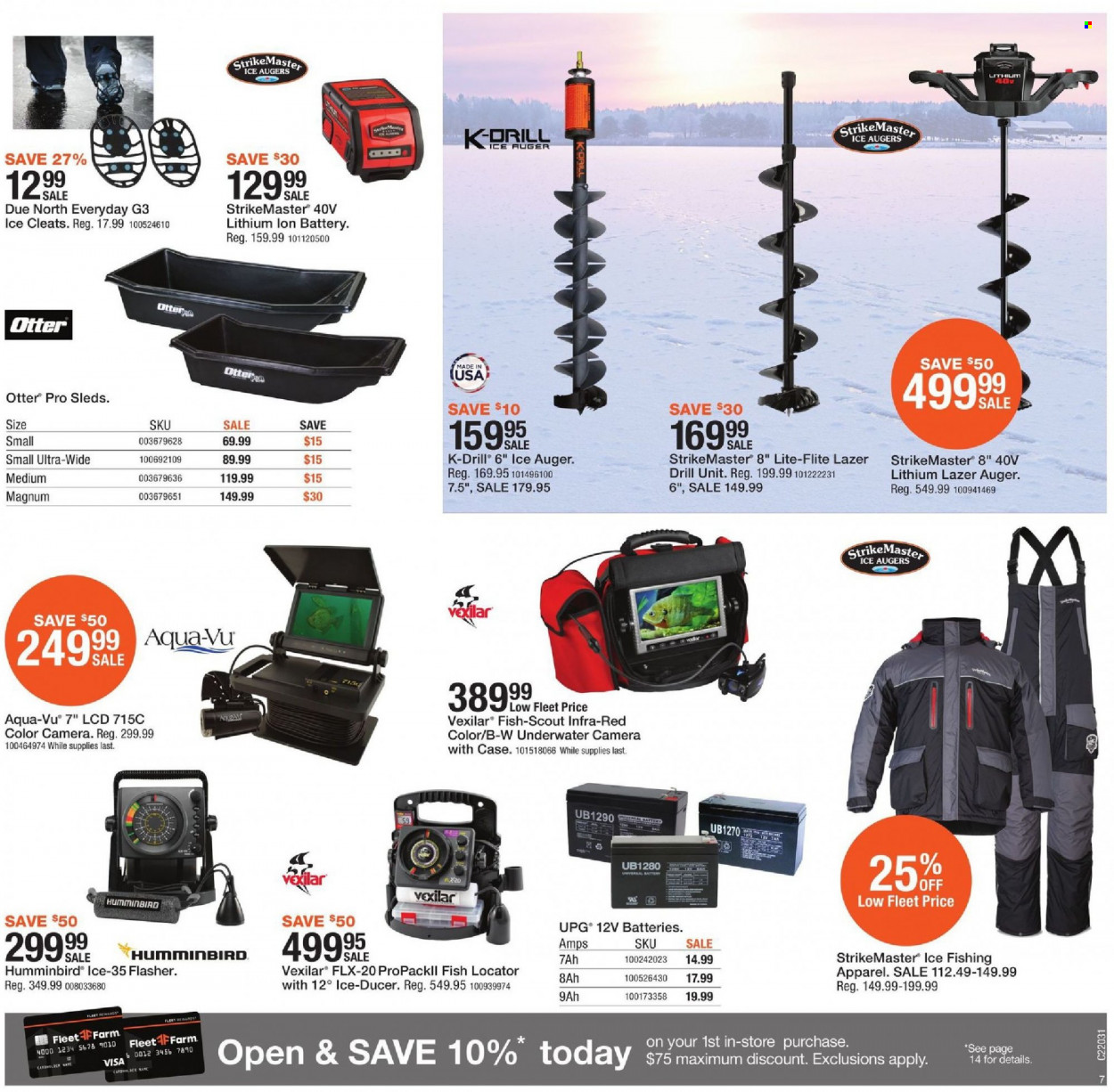 thumbnail - Fleet Farm Flyer - 01/14/2022 - 01/22/2022 - Sales products - cleats, battery, camera, ice fishing, drill, ice auger. Page 7.