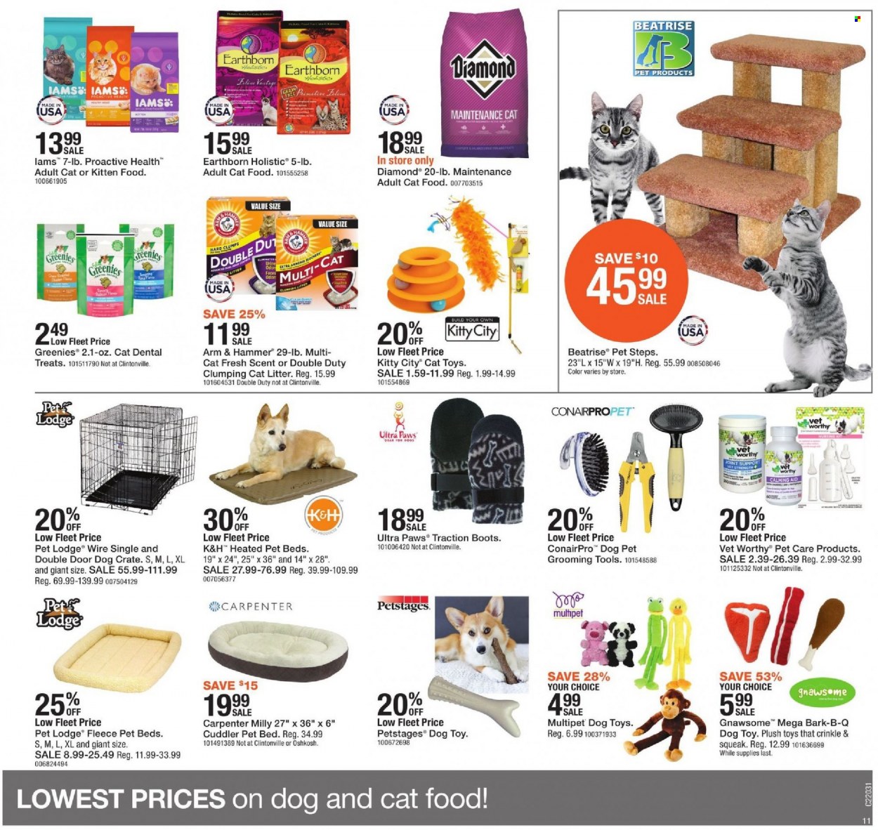thumbnail - Fleet Farm Flyer - 01/14/2022 - 01/22/2022 - Sales products - boots, ARM & HAMMER, crate, cat litter, pet bed, cat toy, dog toy, Greenies, Paws, animal food, cat food, Earthborn, Iams. Page 11.